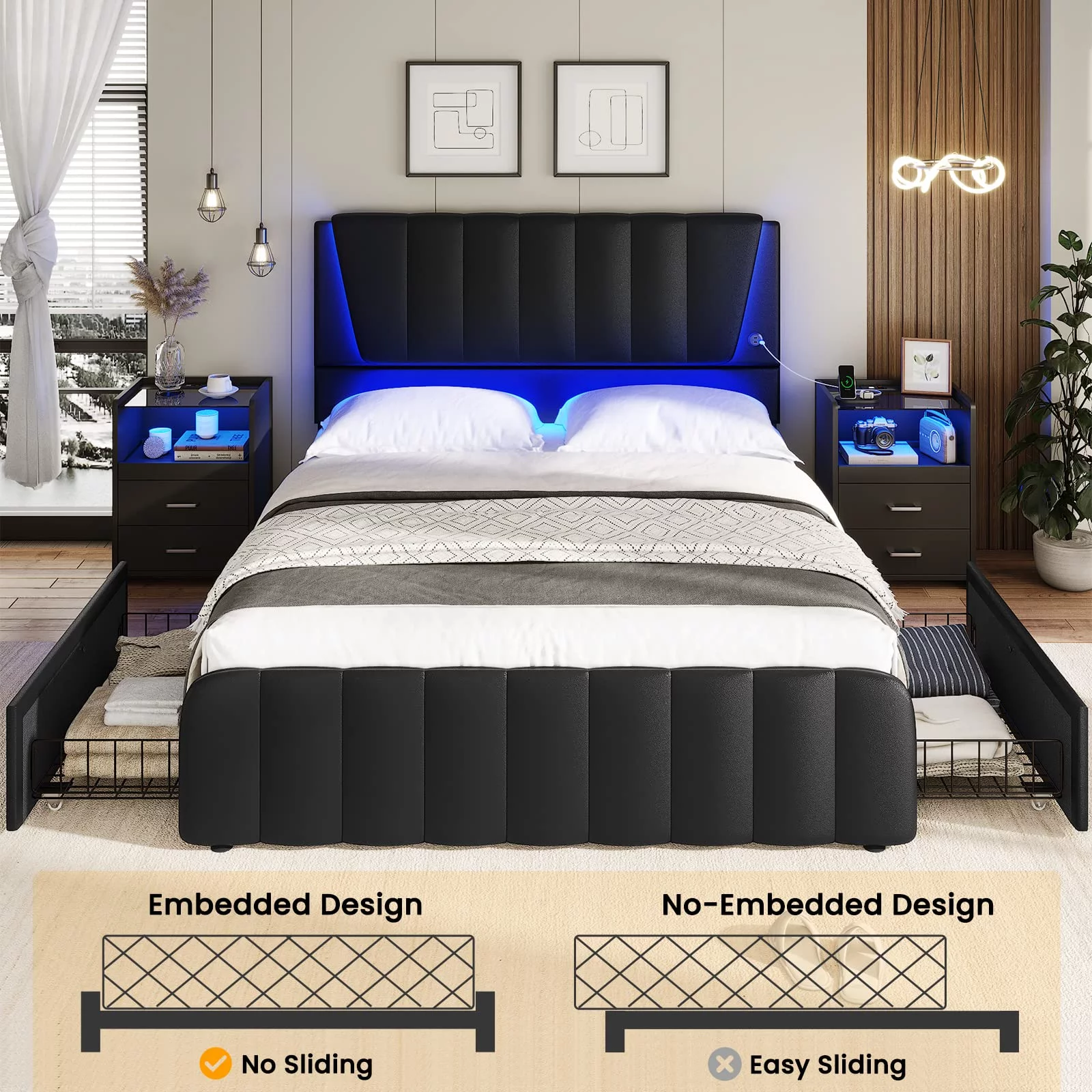 Queen Bed Frame with Headboard and 4 Storage Drawers, Platform Bed Frame with Led Light & 2 USB Ports, Wooden Slats Support, No Box Spring Needed, Black