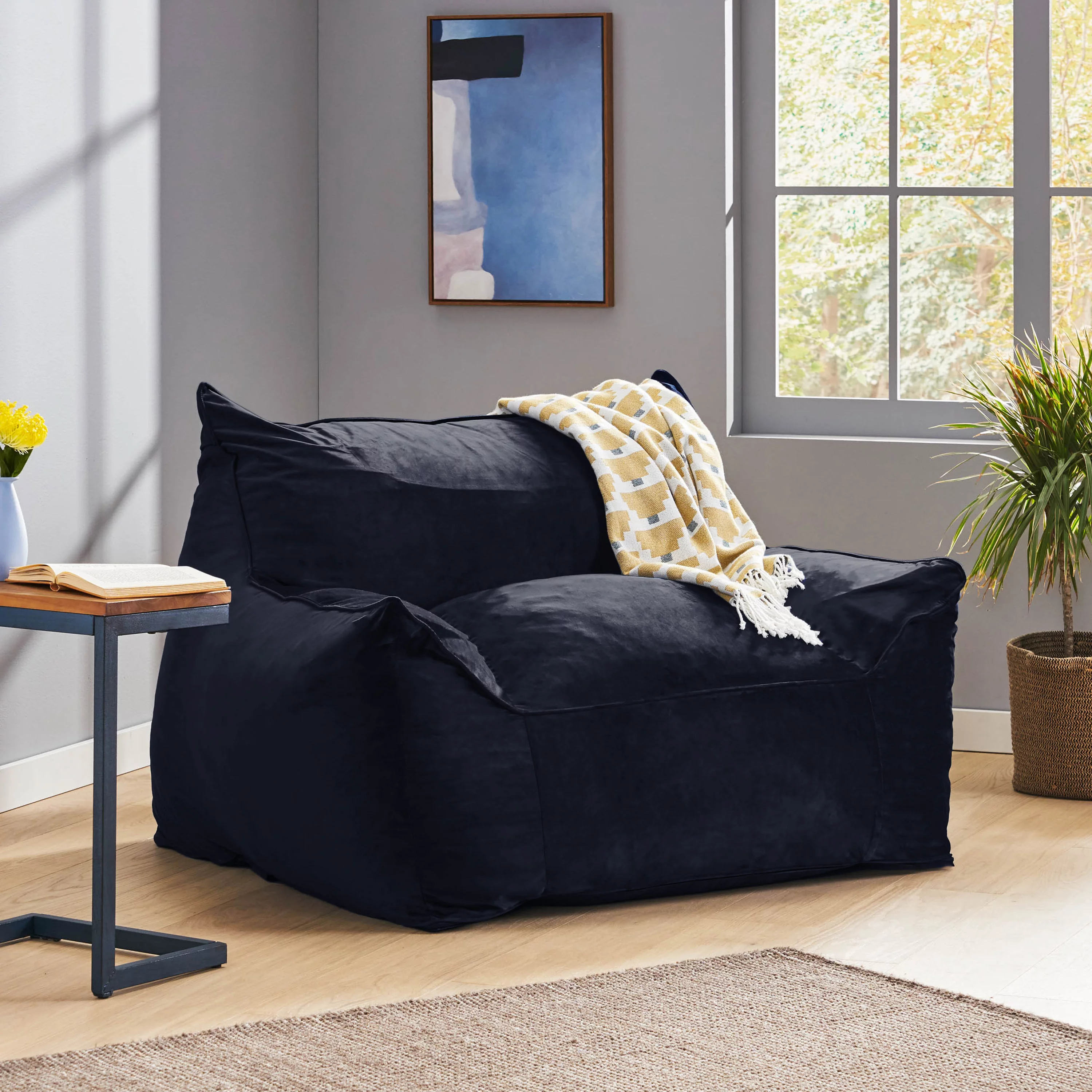 Noble House Velie Velvet Bean Bag Chair, Midnight Blue