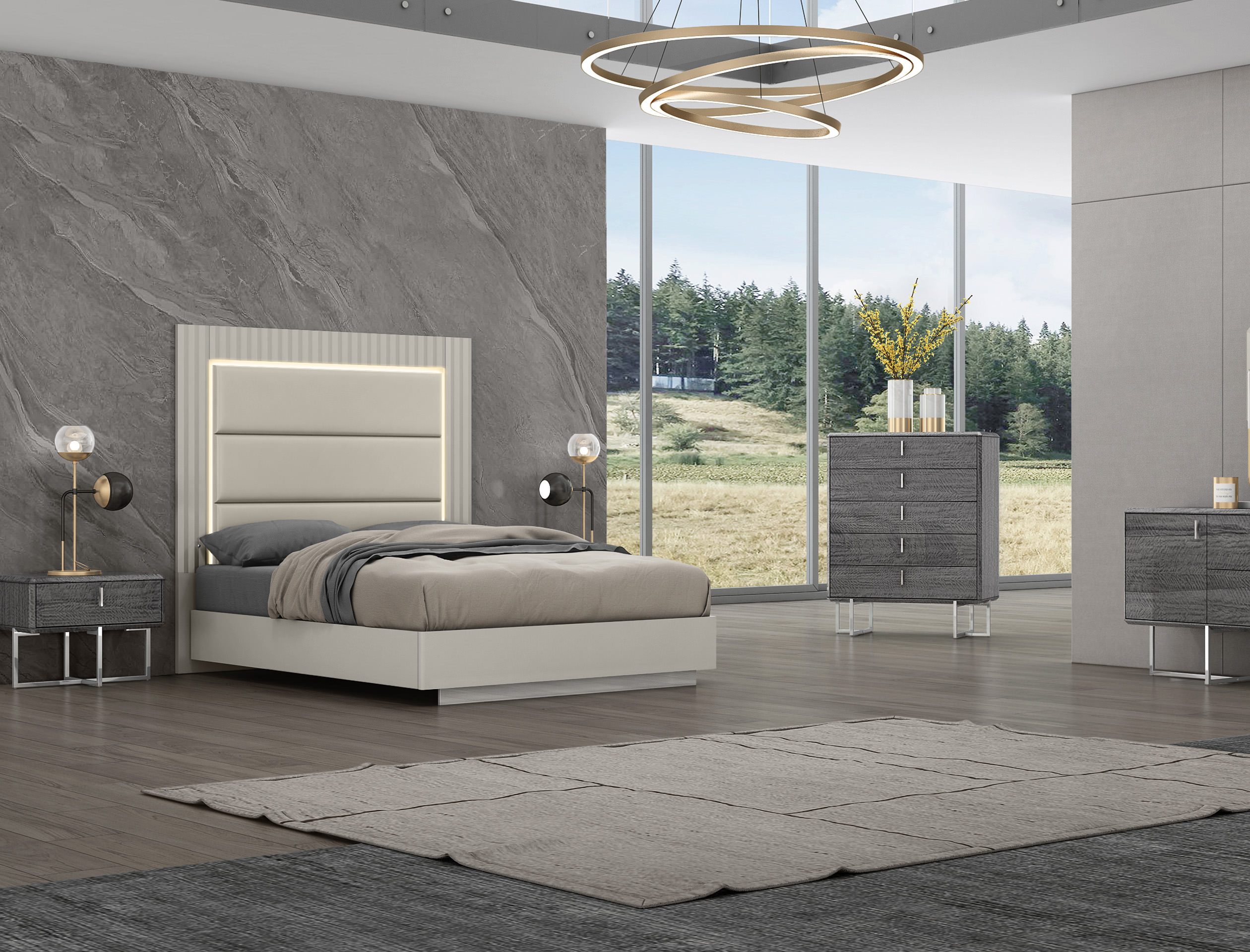 Chloe Bed Queen, Grey Frame, Upholstered Faux Leather Panel with LED Light in Headboard, Polished Stainless Steel Base