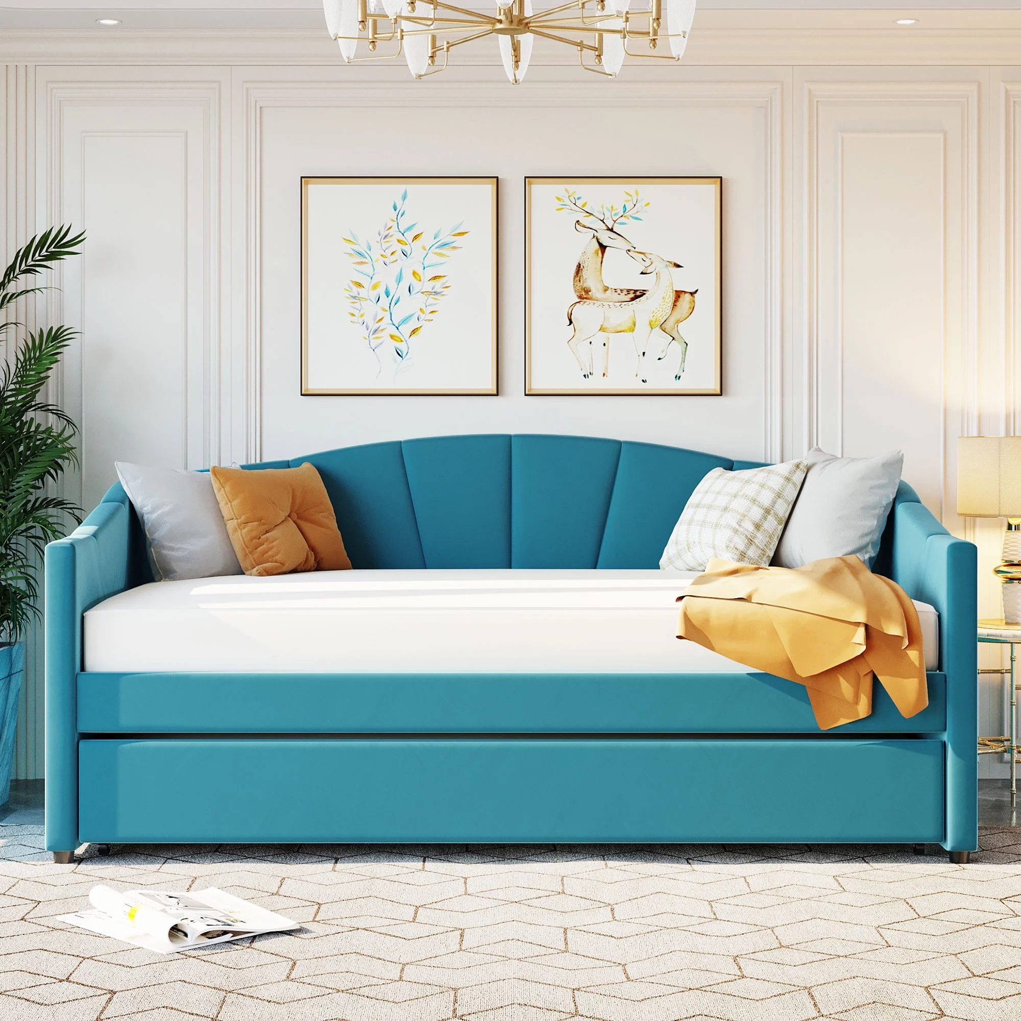 Twin Upholstered Daybed with Trundle and Wood Slat Design, Wood Slat Support, Living Room Sofa Bed for Bedroom Guest Room, No Box Spring Needed(Blue)