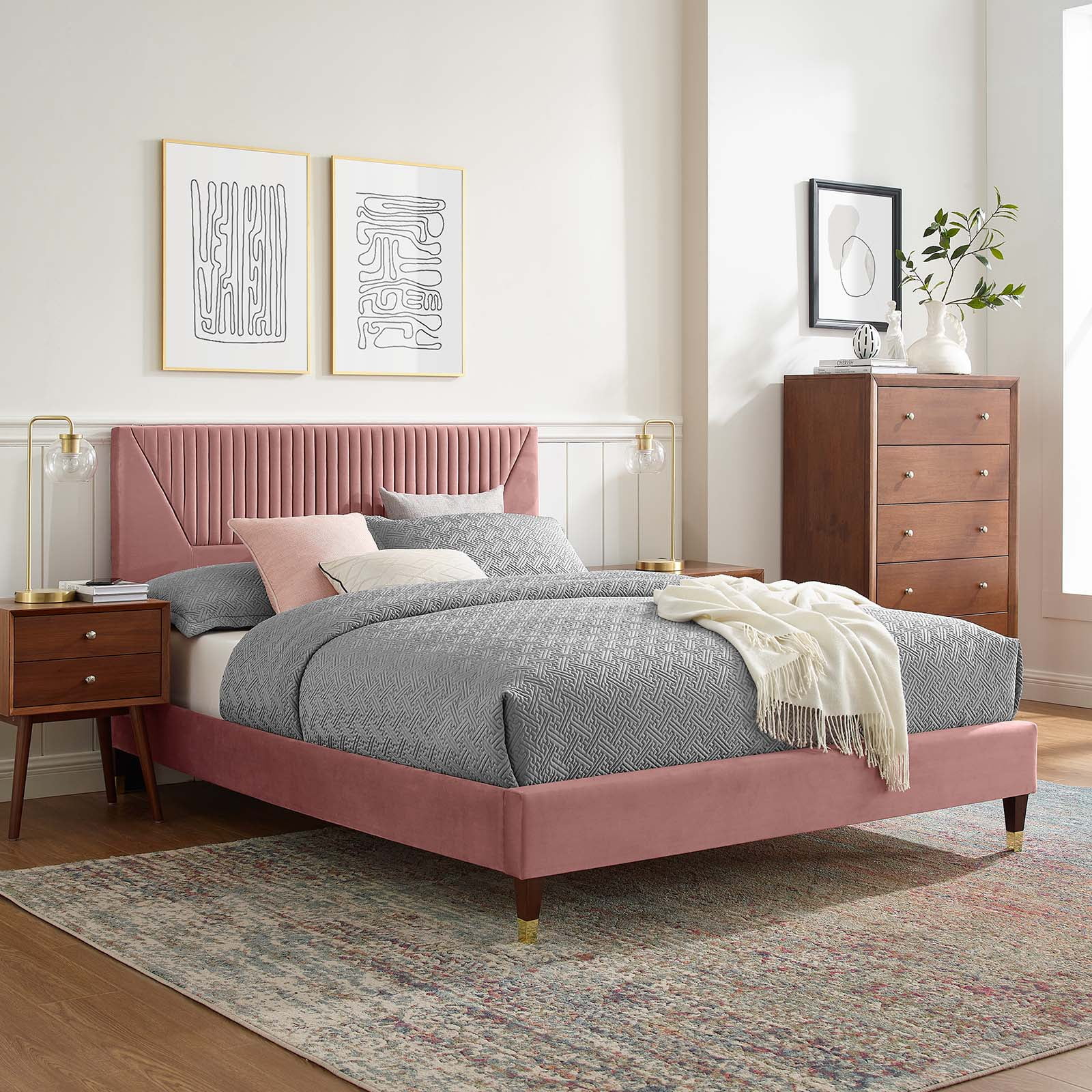 Modway Yasmine Channel Tufted Performance Velvet Twin Platform Bed in Dusty Rose