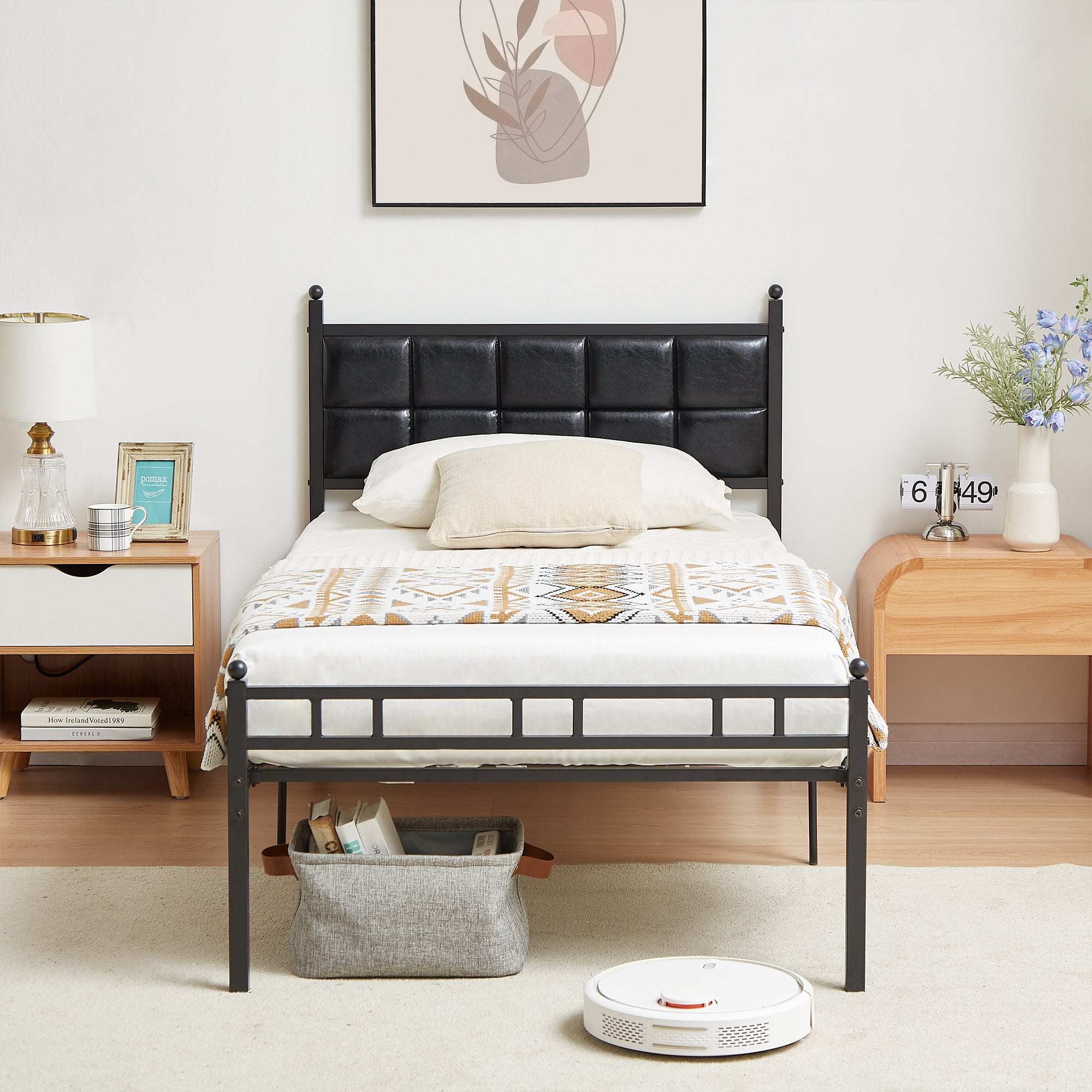 VECELO Twin Size Metal Platform Bed Frame with Faux Leather Headboard, Underbed Storage, No Box Spring Needed, Black