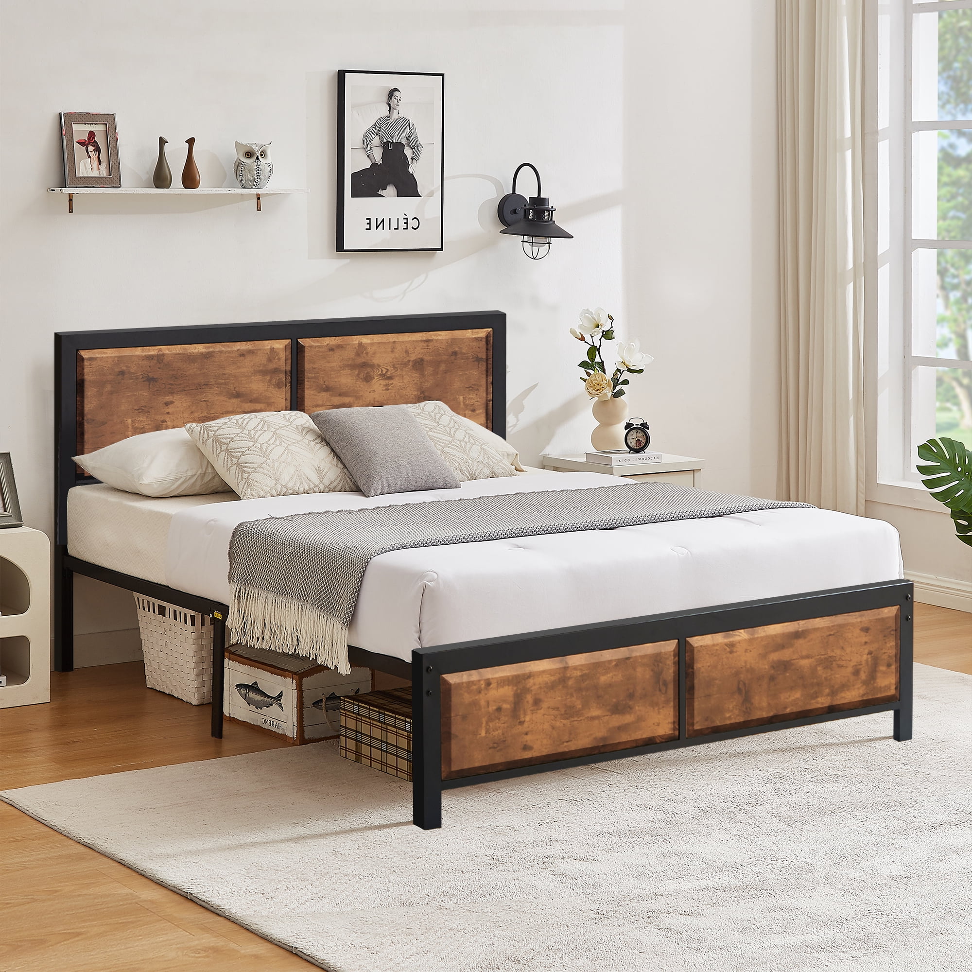 VECELO Queen Size Metal Platform Bed Frame with Square Frame Wooden Headboard&Footboard, Industrial Style Queen Bed for Bedroom, No Box Spring Needed, Easy to Assemble, Rustic Brown