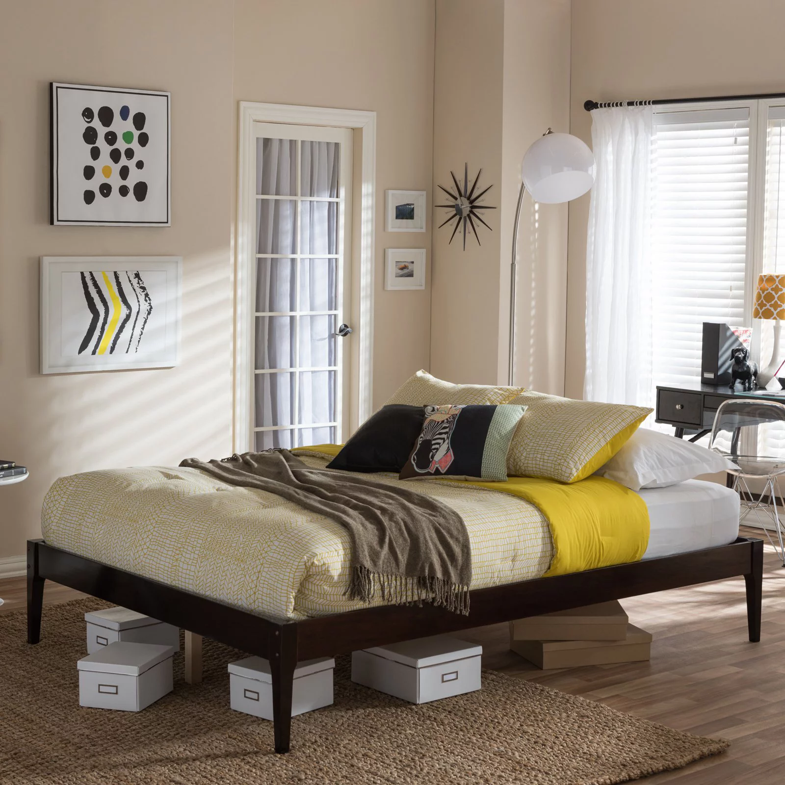 Baxton Studio Bentley Mid-Century Modern Walnut Finishing Solid Wood Queen Size Bed Frame