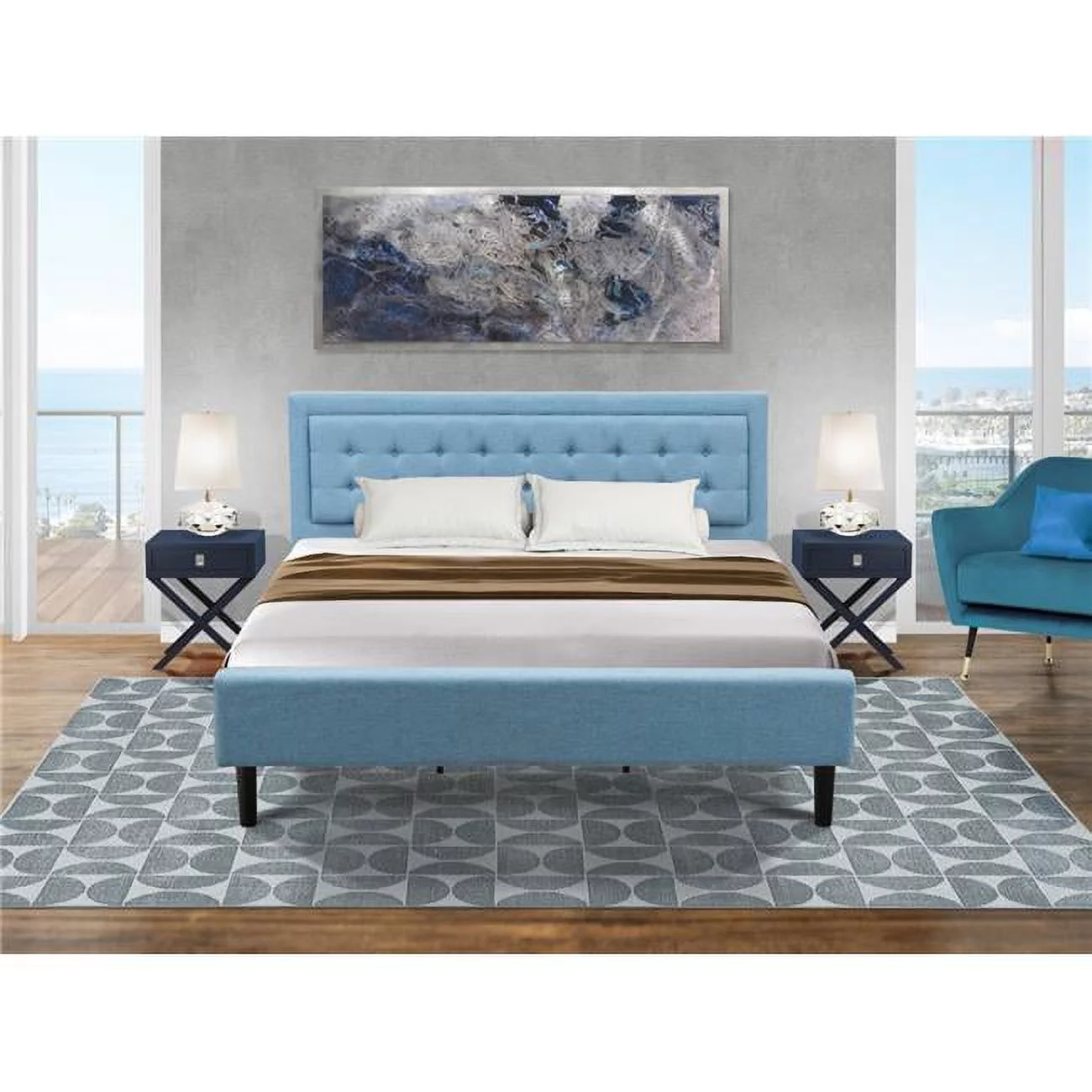 3 Piece Fannin Platform Bedroom Set - Denim Blue, Black & Navy Blue