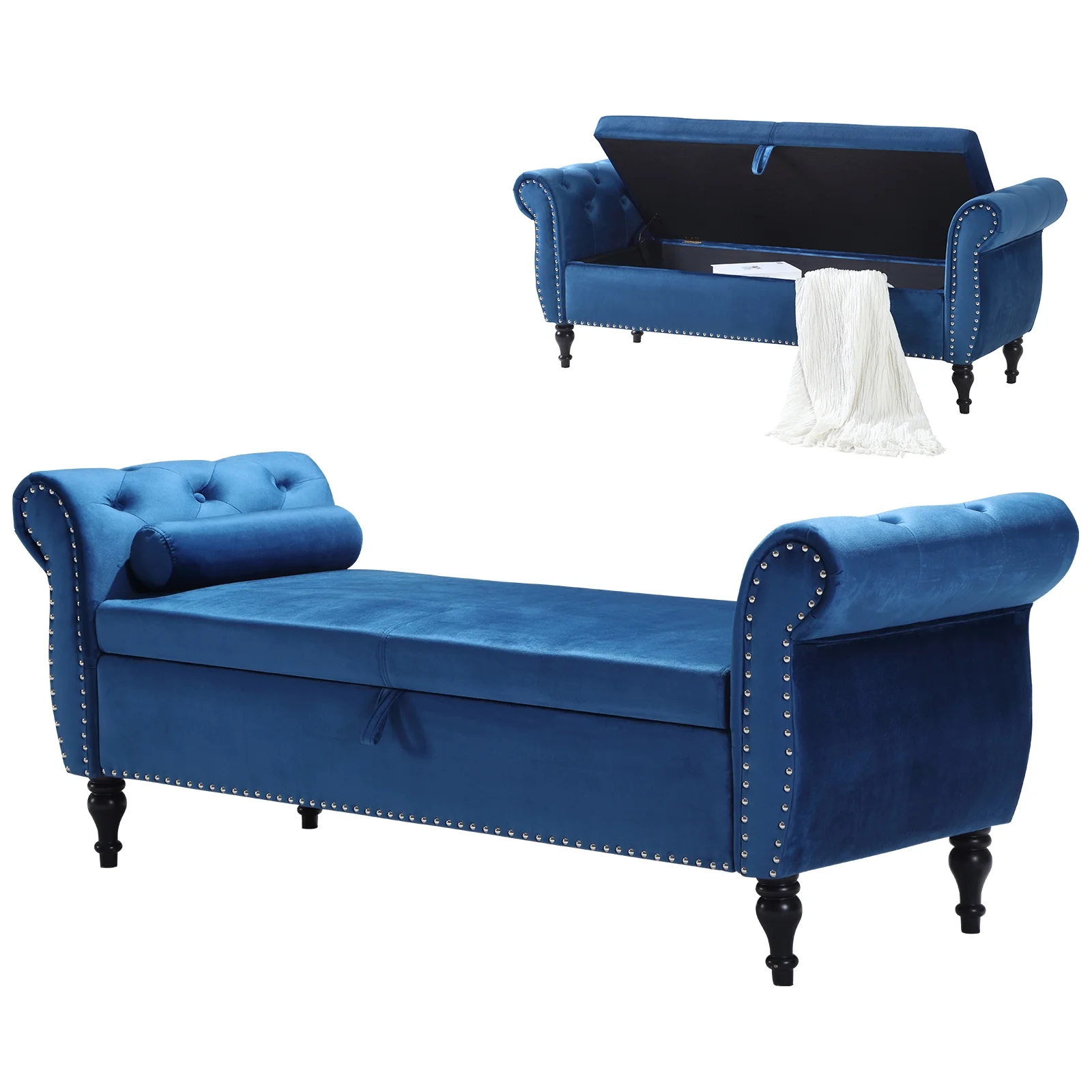 Sudwesto 63'' Storage Ottoman Bench, End of Bed Button Tufted Ottoman Bench, Rolled Armed Ottoman Couch Long Bench for Bedroom, Living Room, End of Bed, Hallway