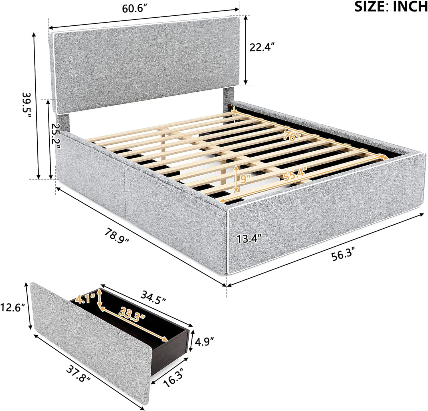 Full Size Upholstered Platform Bed With 4 Storage Drawers, Headboard & Footboard, Fleece Fabric Full Storage Bed Frame For Bedroom, Gray