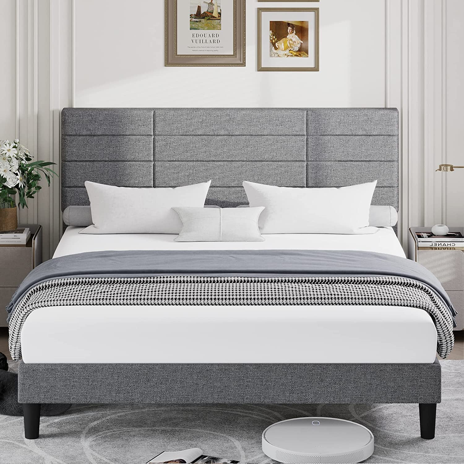Bed Frame Full Size Upholstered Platform Beds with Headboard Linen Fabric Wood Slat Support + Iron Frame Mattress Foundation No Box Spring Needed Light Grey