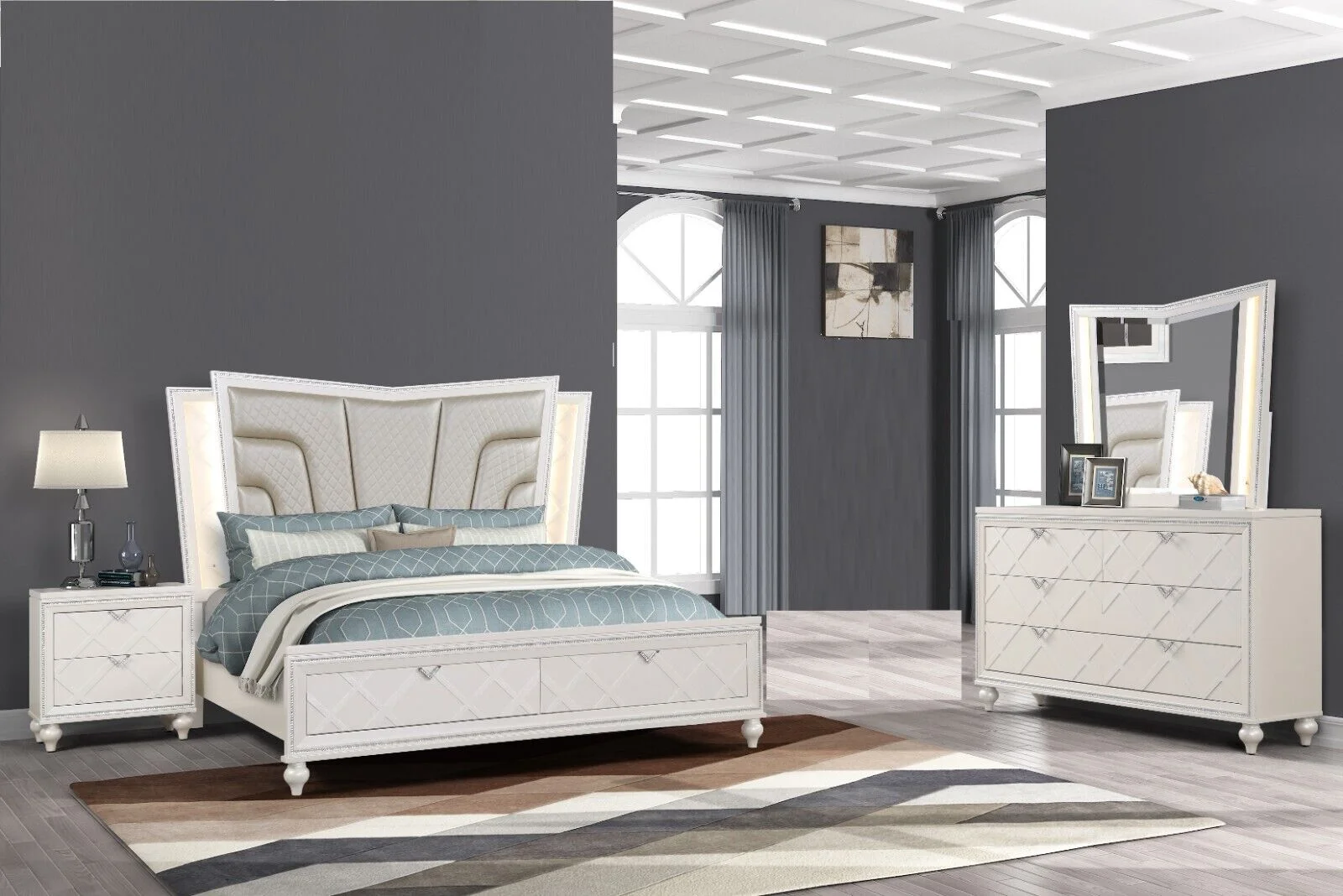 Modern 3pc Luxury Silver King Size Storage LED Headboard Bed Chest Nightstand Bedroom Furniture