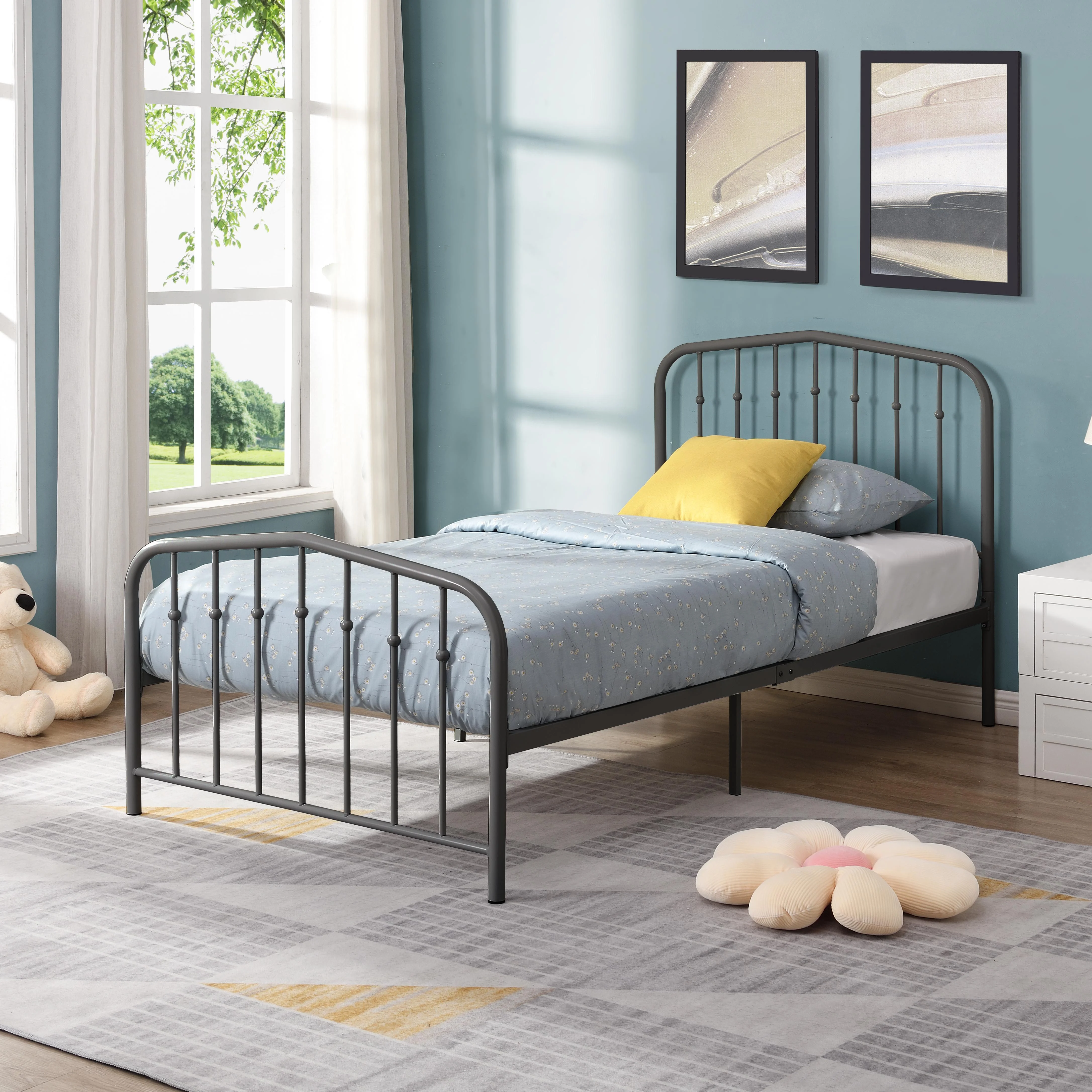 Dark Gray Twin Metal Platform Bed (Fully Slated)