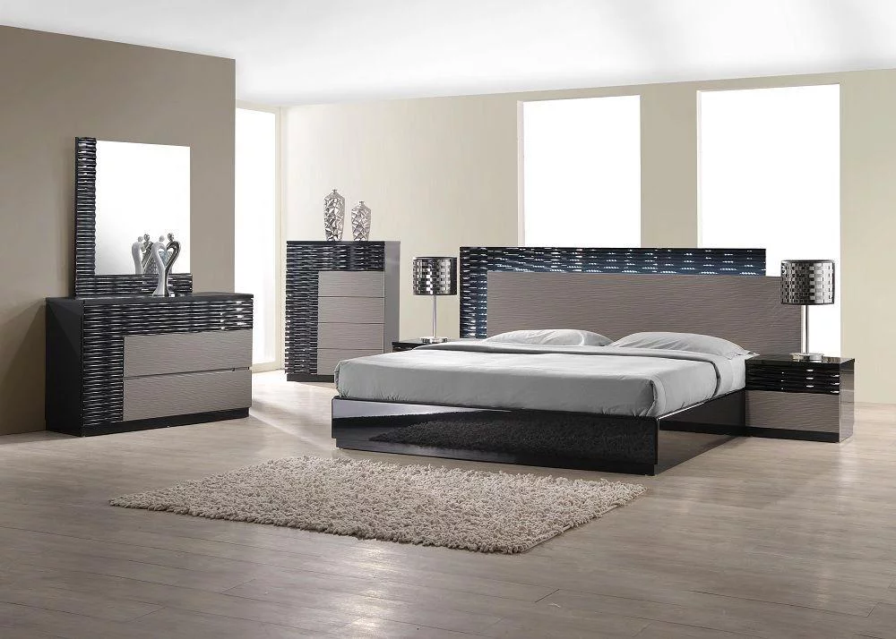 Black&Grey Lacquer Headboard LED Lights Queen Bedroom 5Pcs J&M Roma Contemporary