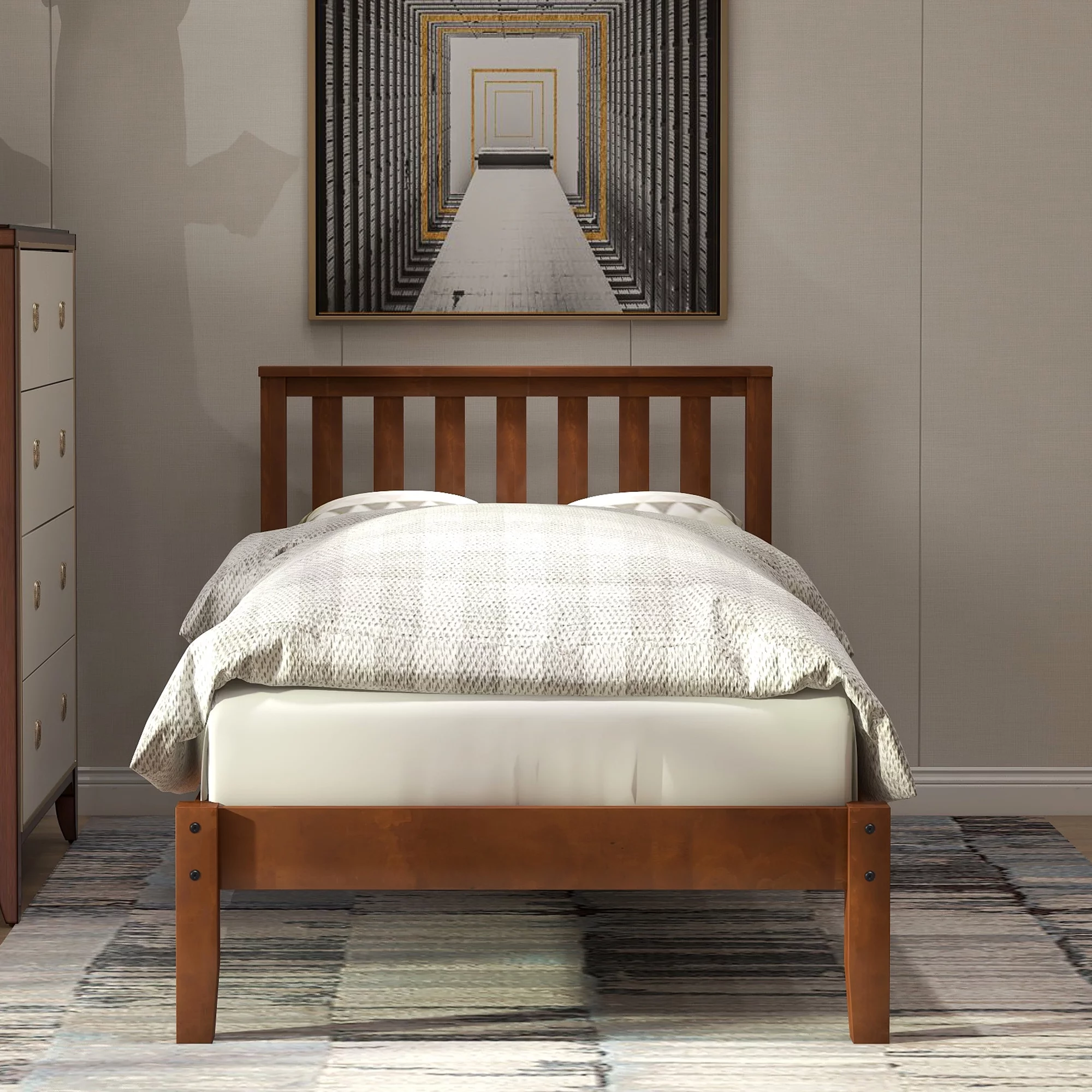 Nestfair Walnut Twin Wood Platform Bed with Headboard