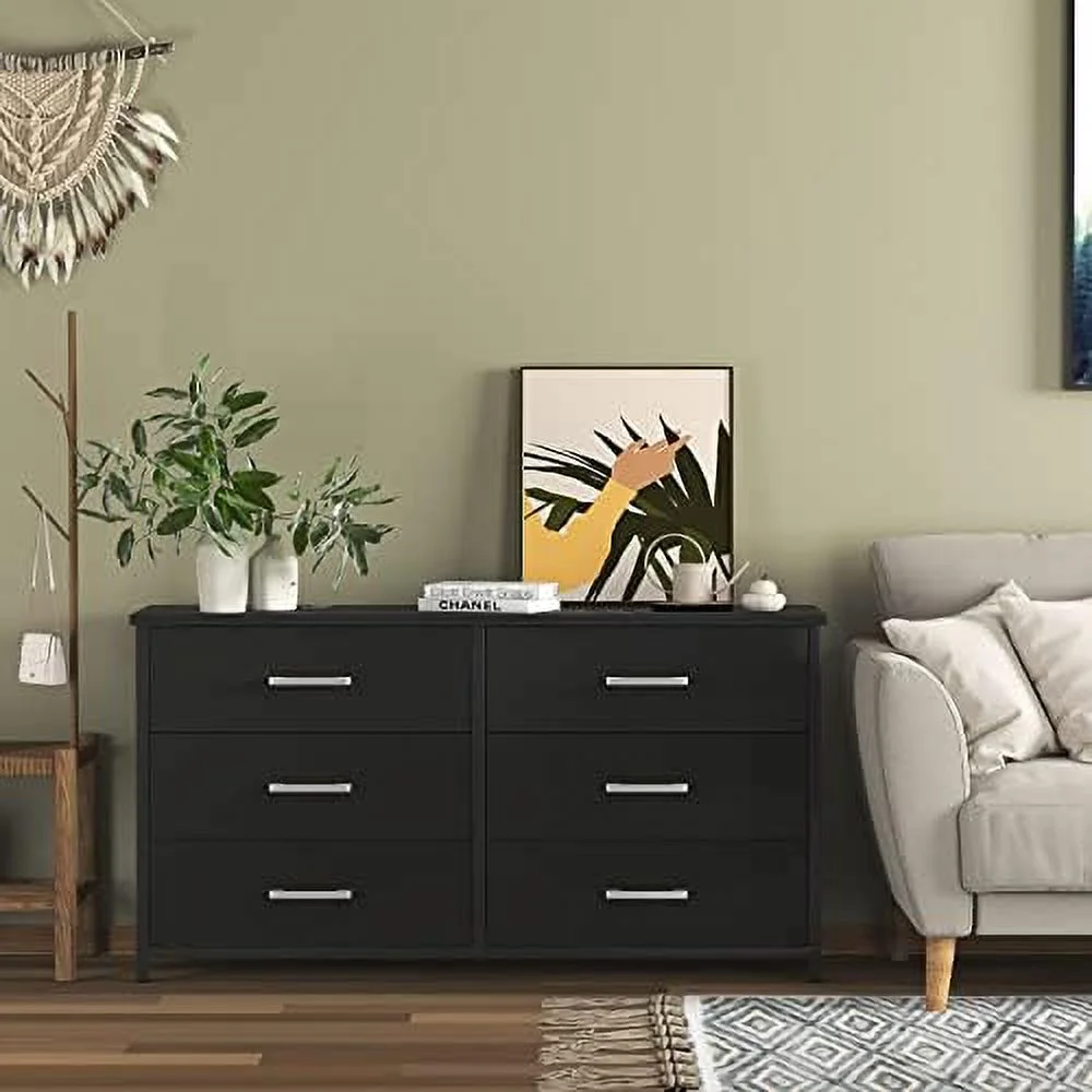 6 Drawer Double Dresser Industrial Wood Dresser for Bedroom Cabinet with Sturdy Steel Frame