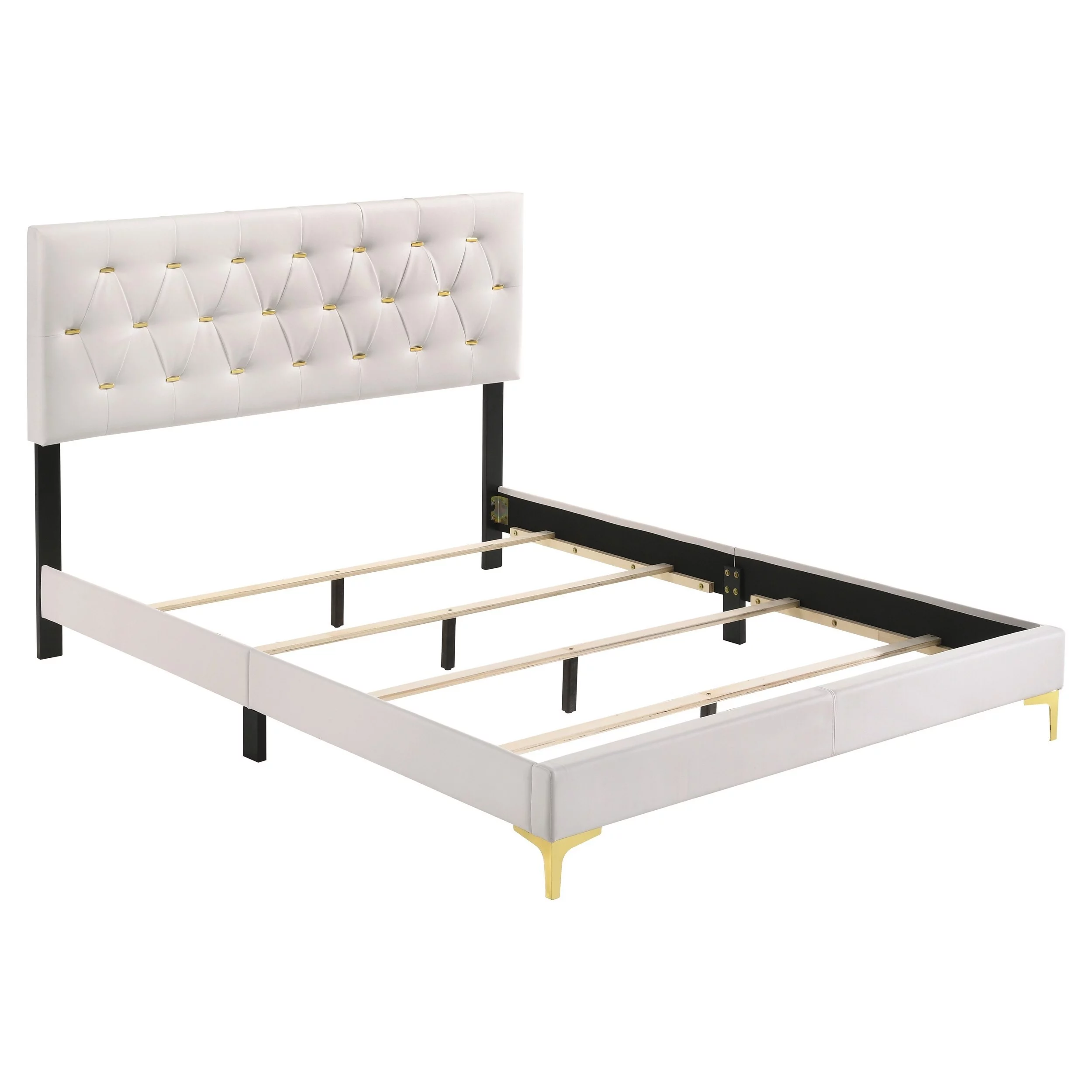 Lif Platform Queen Size Bed, Panel Tufted Headboard, Gold Legs White Velvet