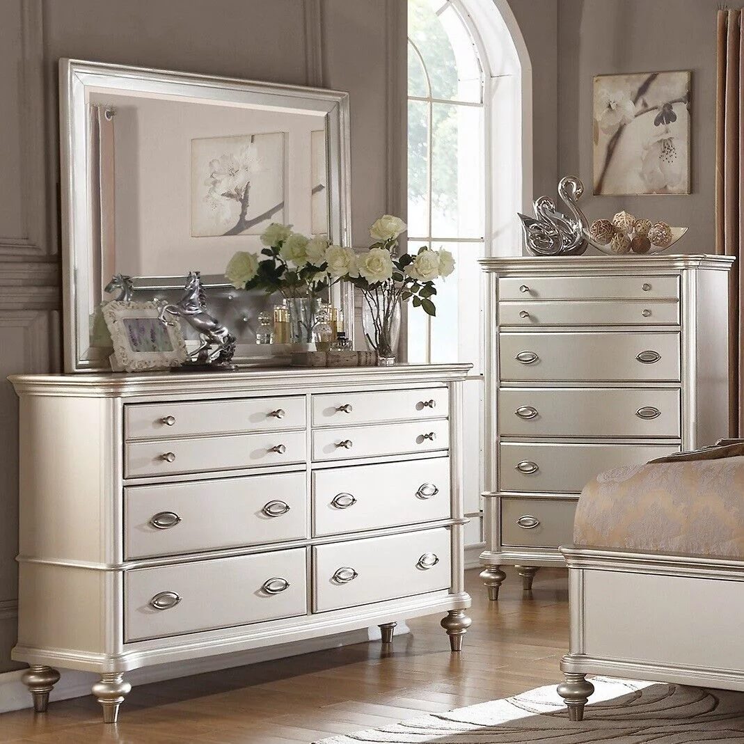 Traditional Look California King Size Bed 4pc Set Faux Leather Tufted Headboard Dresser Mirror Nightstand Silver Finish Bedroom Furniture