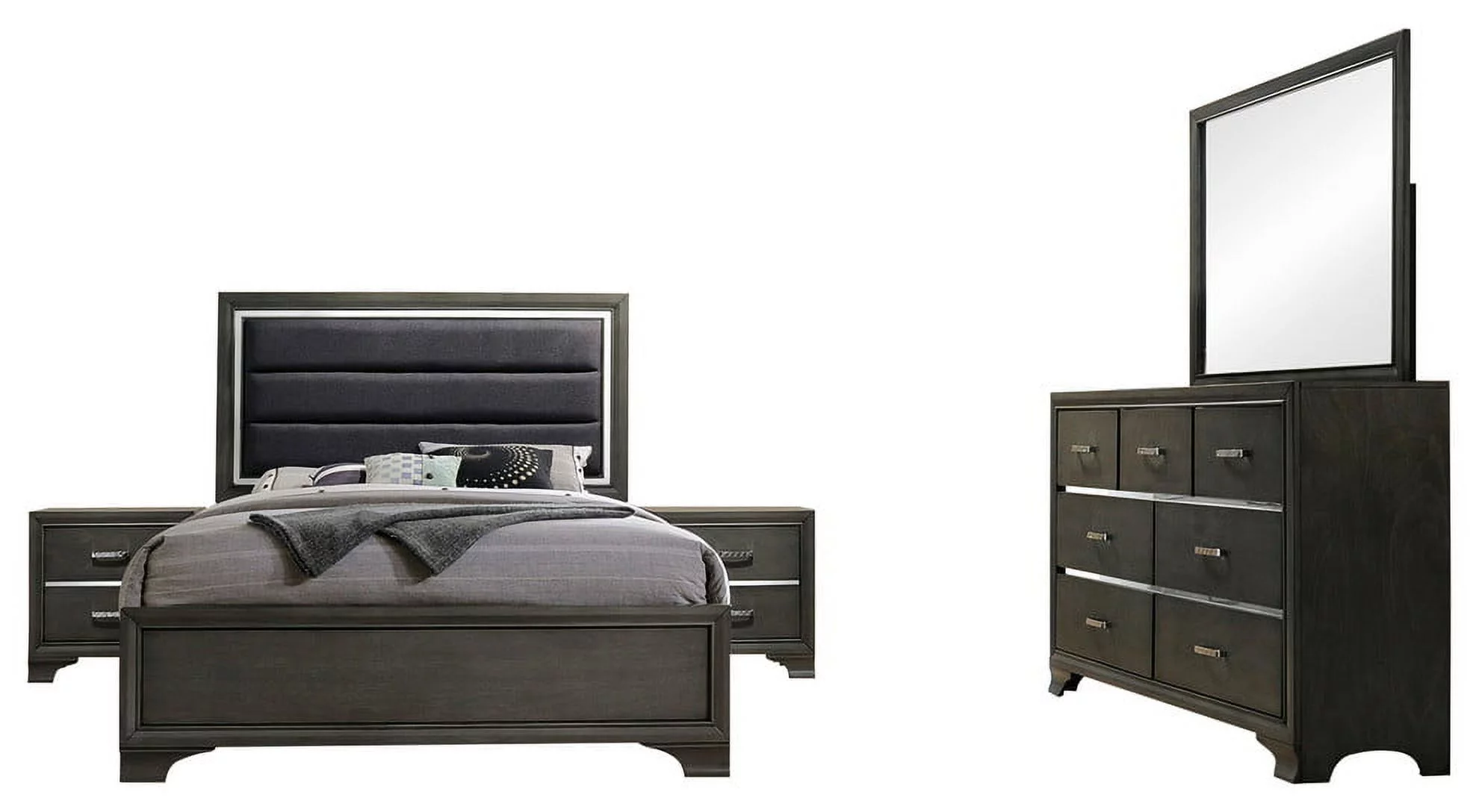 Sonata 5 Piece Queen Size Bedroom Set, Gray Wood & Faux Leather, Modern