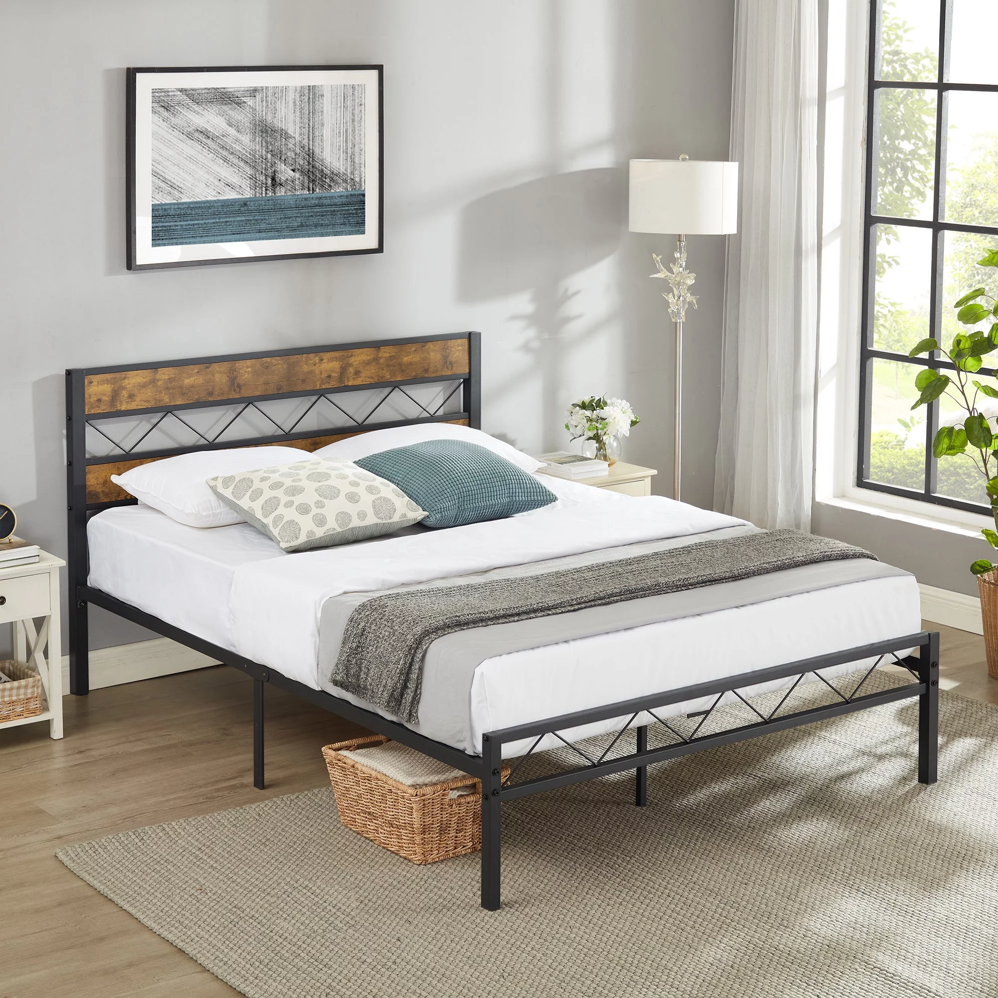 VECELO 3-Piece Bedroom Set with Full Size Metal Bed Frame and 2 Brown Nightstands