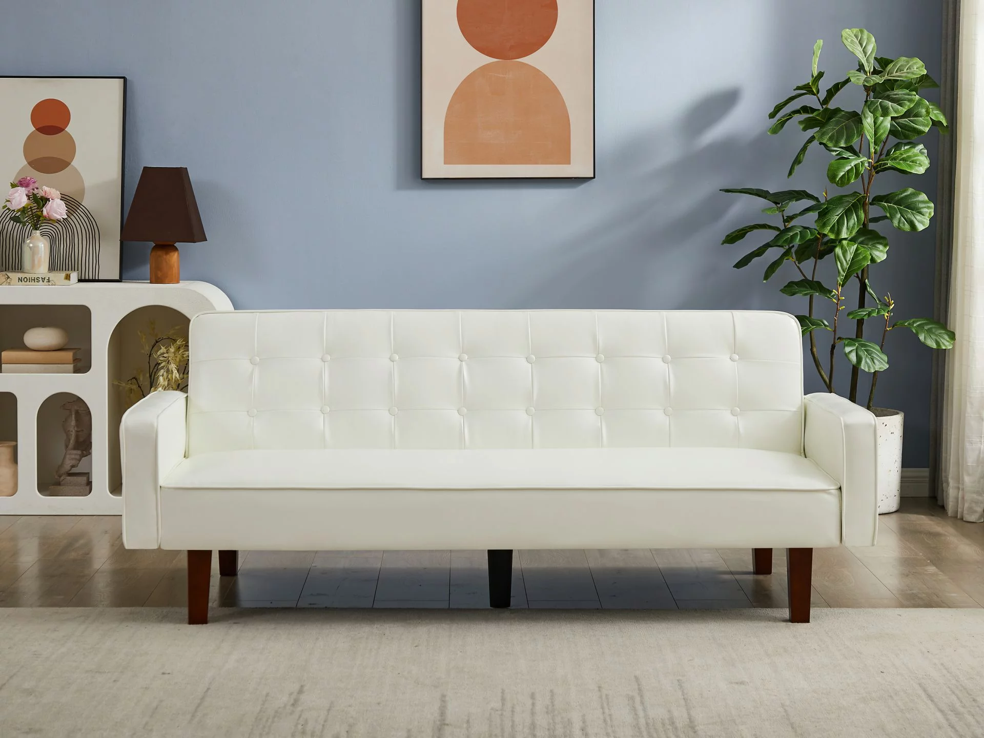 RUXAN White Convertible Double Folding Living Room Sofa Bed, PU Leather, Tufted Buttons,Removable Wooden Feet