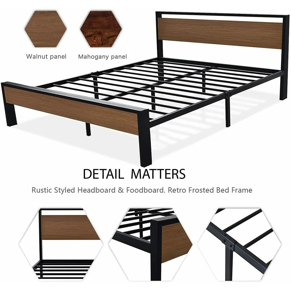 Queen Size Metal Bed Frame with Wooden Headboard & Footboard, Walnut