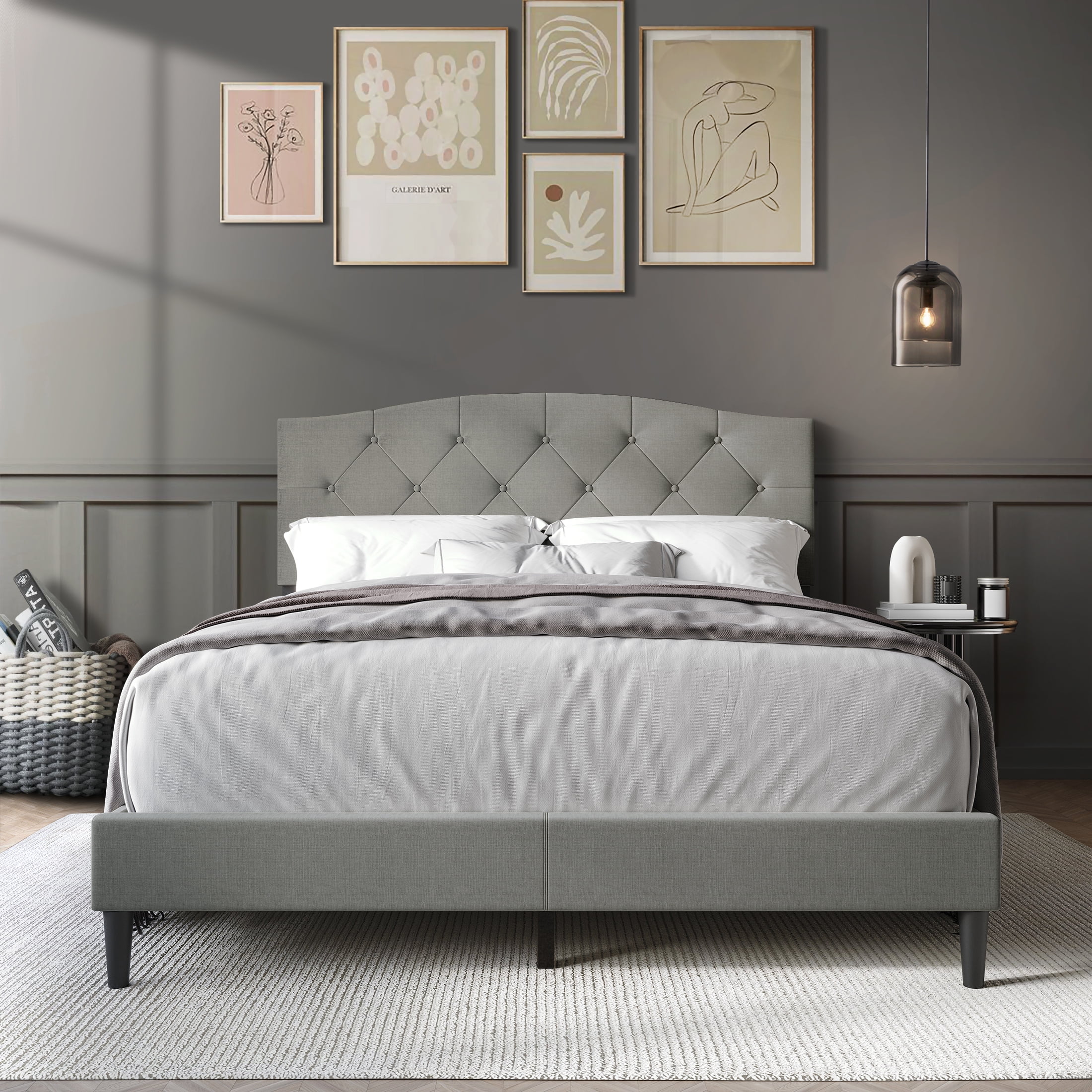 Castle Place Button Tufted Linen Upholstered Platform Bed, Light Grey, Queen