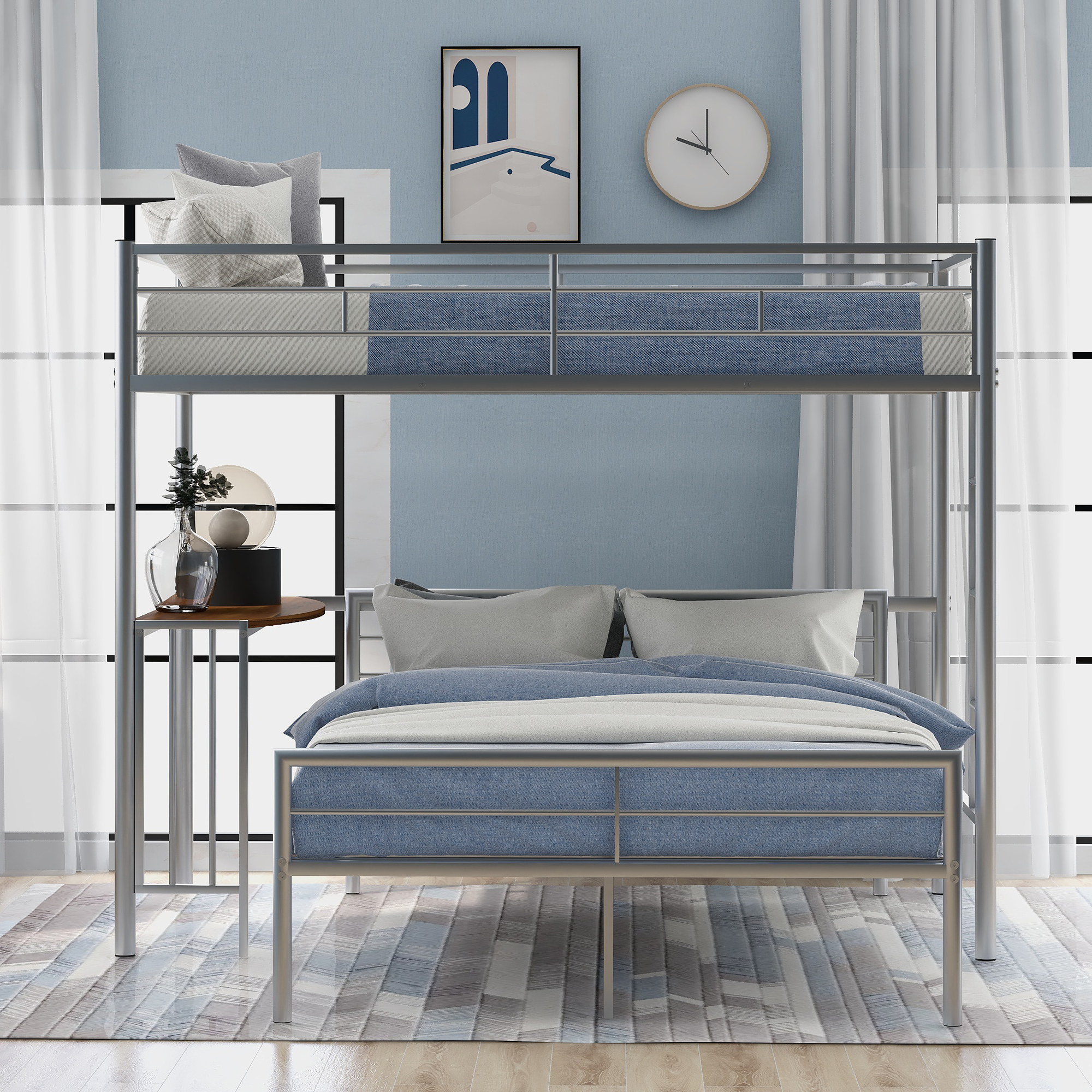 Twin Over Full Metal Bunk Bed with Desk, Ladder and Quality Slats for Bedroom, Metallic Silver