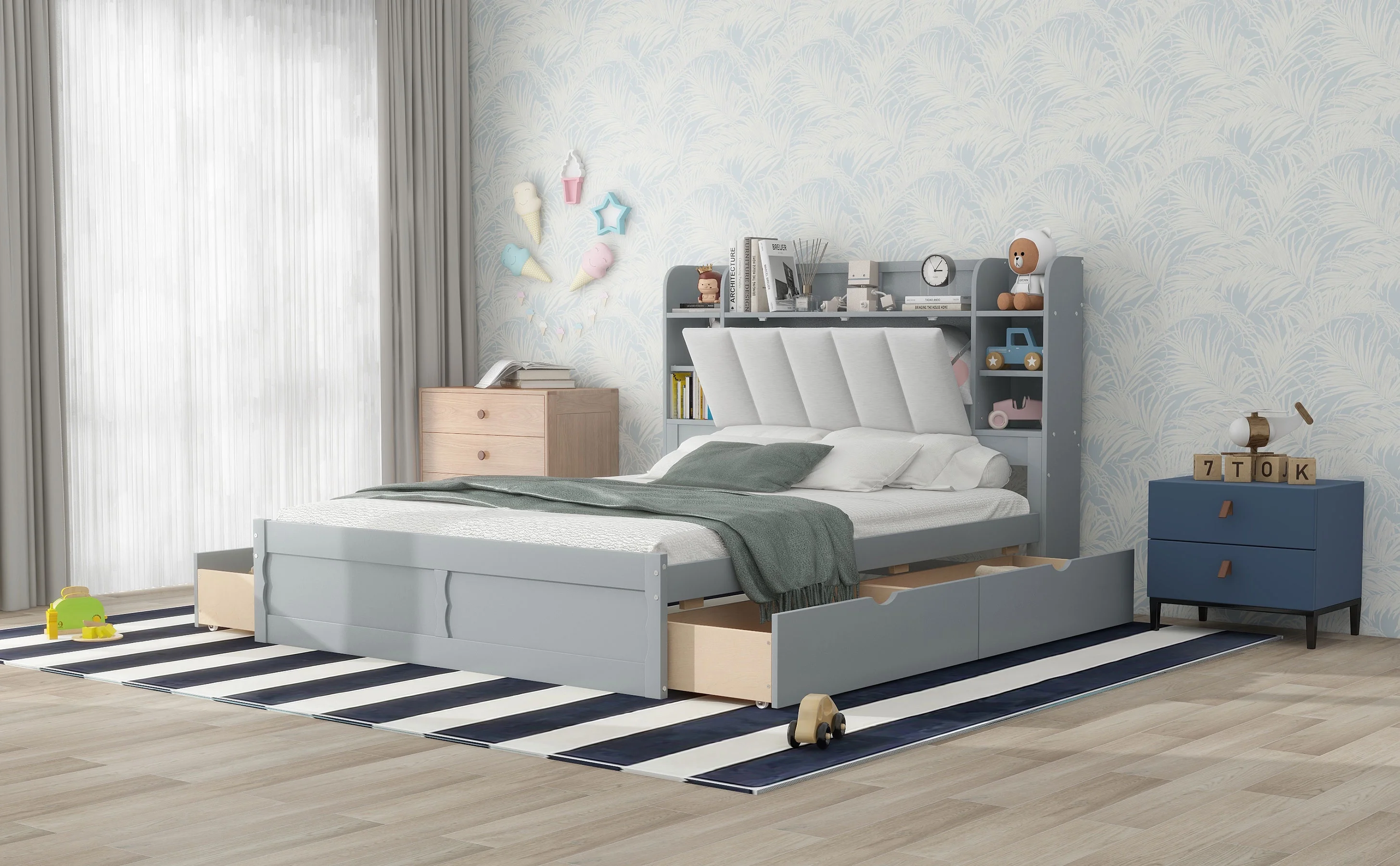Docooler Gray Wood Queen Size Platform Bed with Storage Headboard, Shelves and 4 Drawers Stylish and Functional Bedroom Furniture