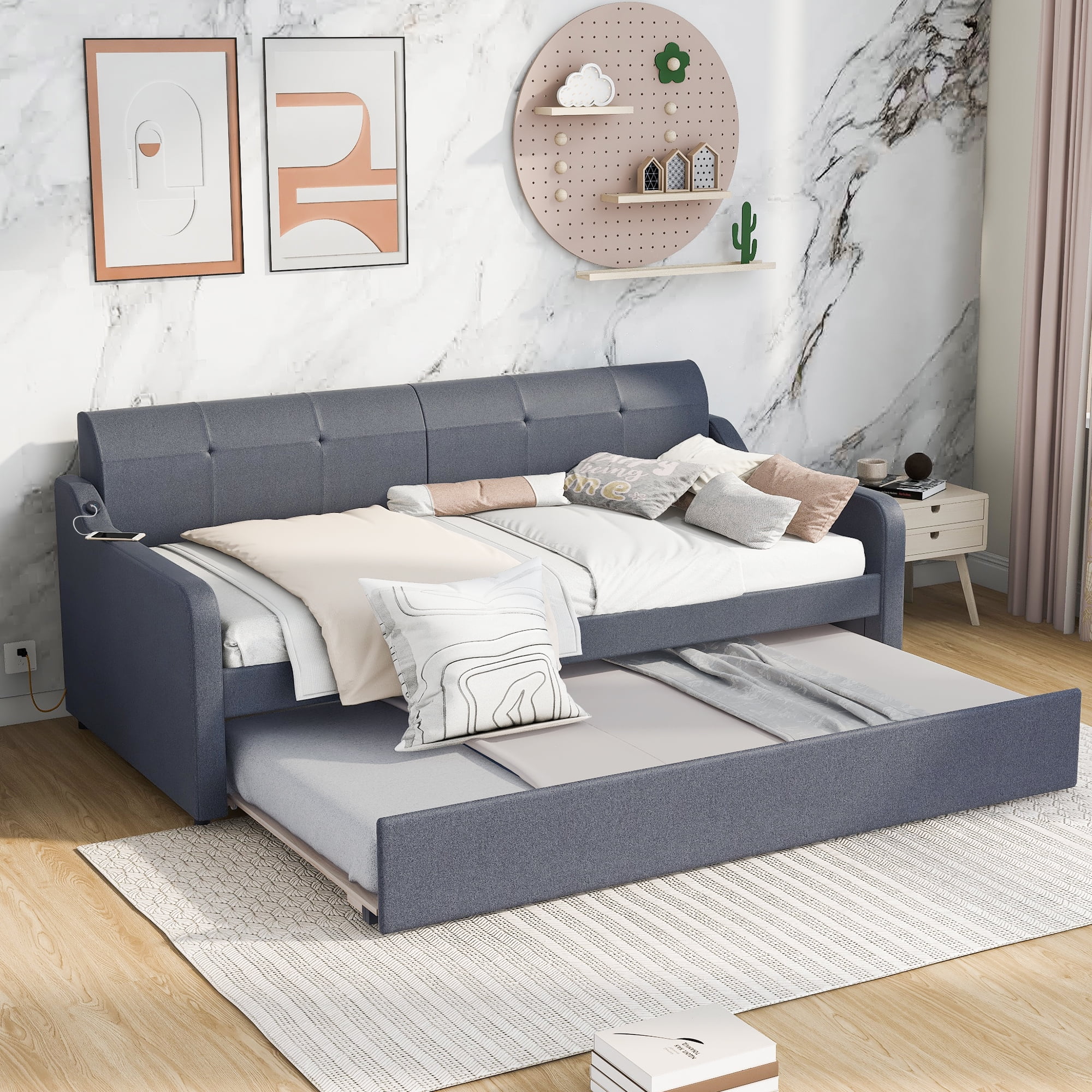 Docooler Twin Size Upholstery DayBed with Trundle and USB Charging Design,Trundle can be flat or erected,Gray