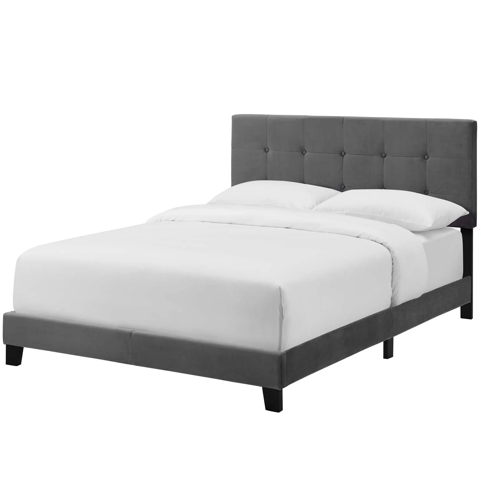 Contemporary Modern Urban Designer Bedroom Twin Size Platform Bed Frame, Velvet Fabric, Grey Gray