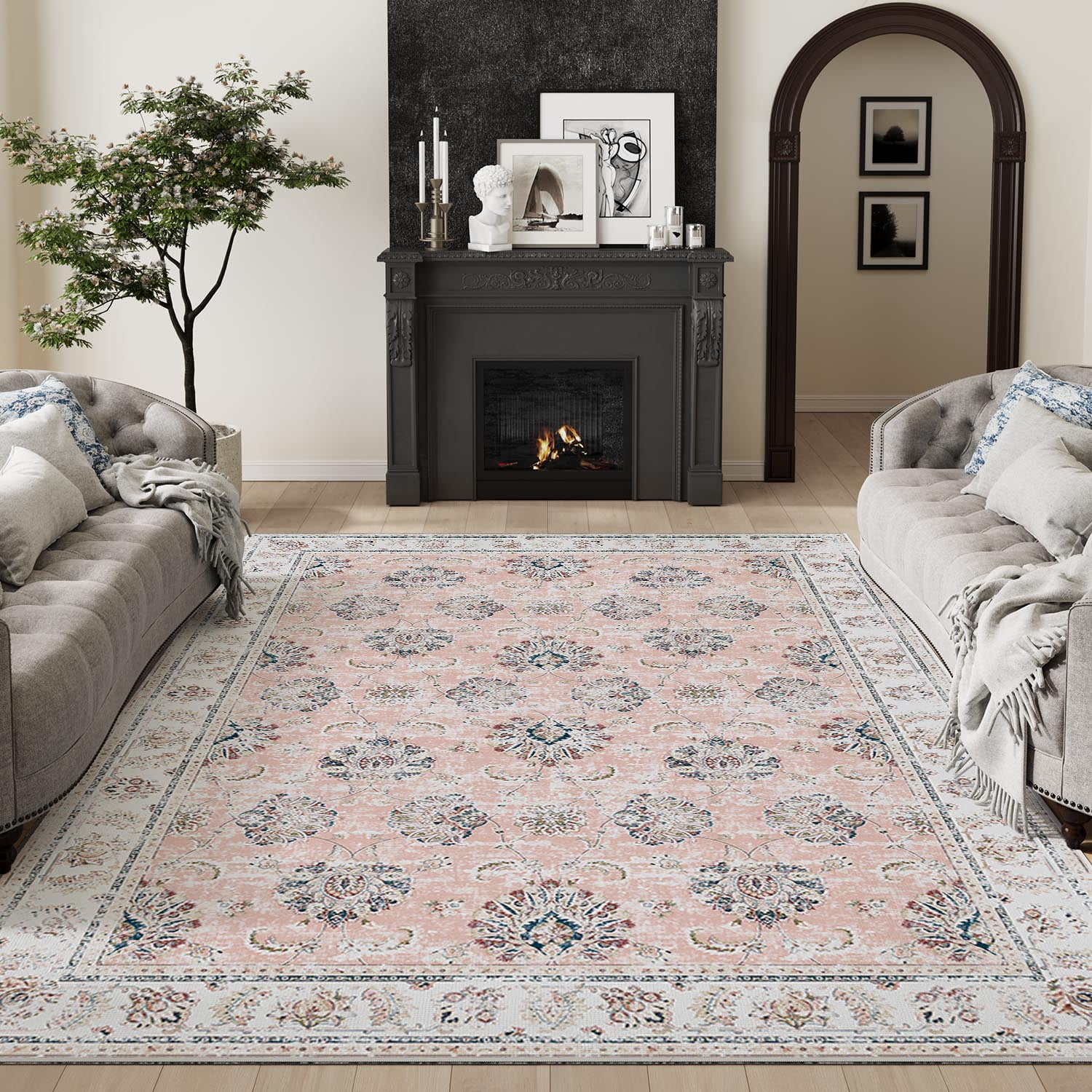 RUGKING Vintage Foldable Rug 8'x10' Traditional Floral Rug Pink Thin Rug Indoor Non-Slip Rug for Kitchen Bathroom Etryway Bedroom Living Room