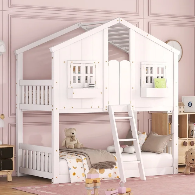 Bellemave House Bunk Bed Twin Over Twin for Kids,Wood Floor Bunk Bed Frame with Roof,Window Box & Small Door for Boys Girls,White