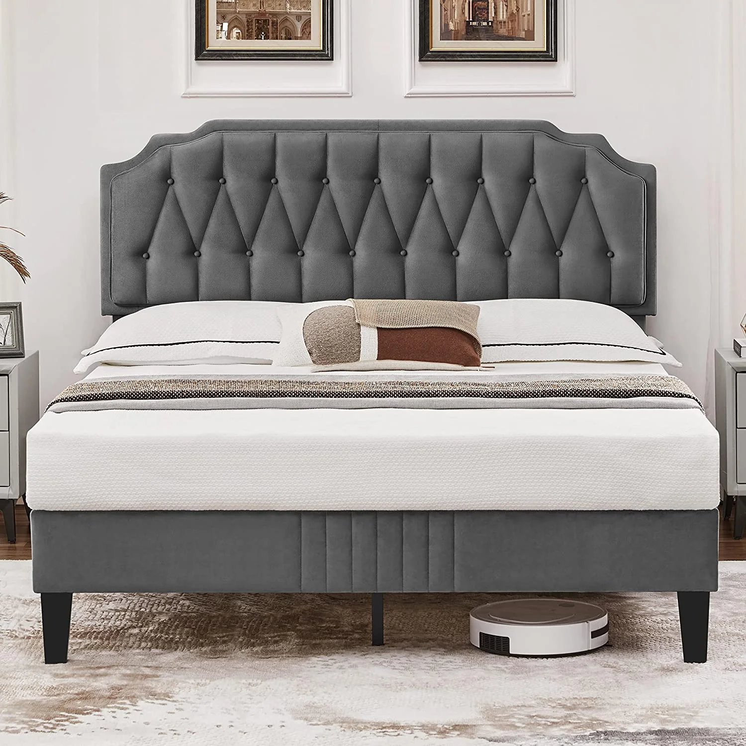 S Queen Size Bed Frame, Velvet Upholstered Platform Bed with Curved Headboard, S Foundation/Strong Wooden Slats Support/No Box Spring Needed/Easy Assembly/Dark Grey