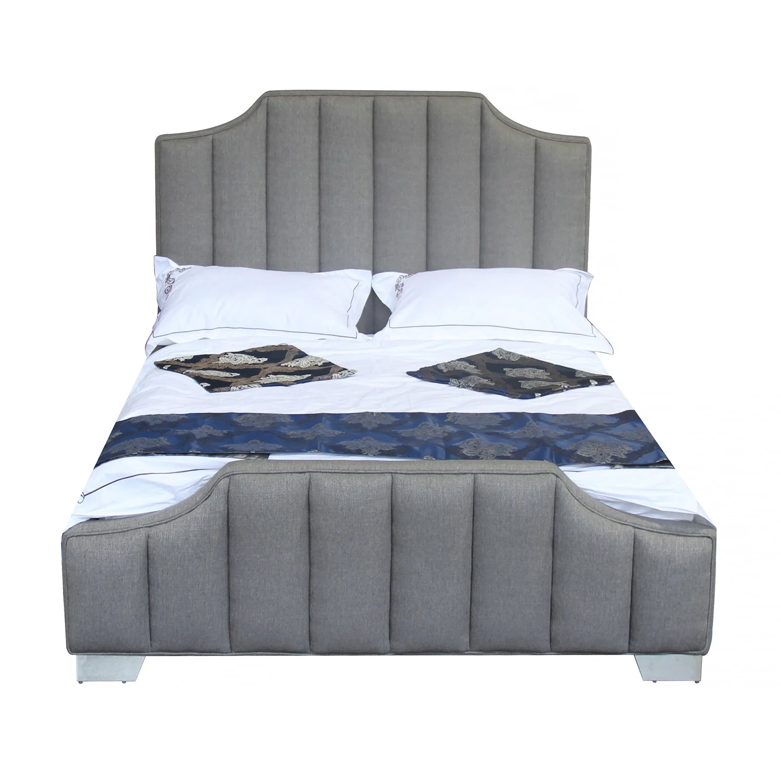Camelot Contemporary Queen Bed with Polished Stainless Steel and Grey Fabric