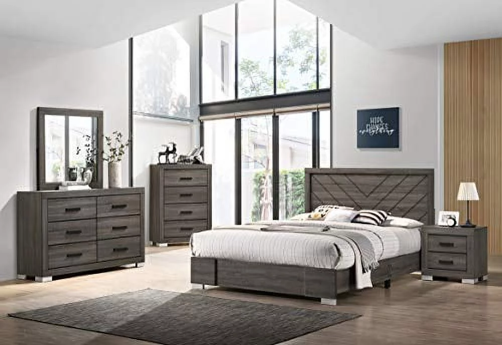 Kings Brand Furniture Lorain 6-Piece King Size Gray Bedroom Set. Bed, Dresser, Mirror, Chest & 2 Nightstands