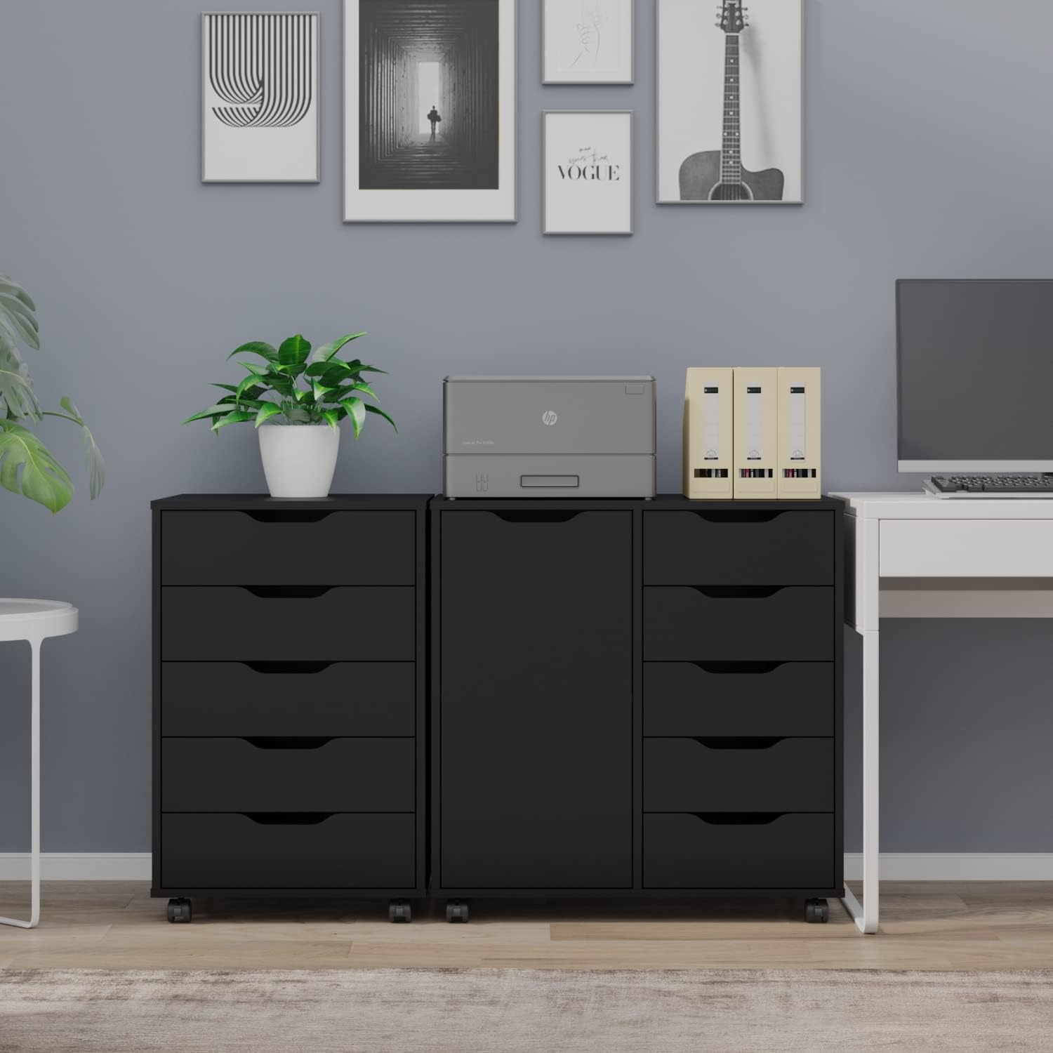 FJU 5-Drawer Chest with 1 Door, Wooden Chest of Drawers Storage Dresser Cabinet with Wheels, Office Organization and Storage, Bedroom Furniture