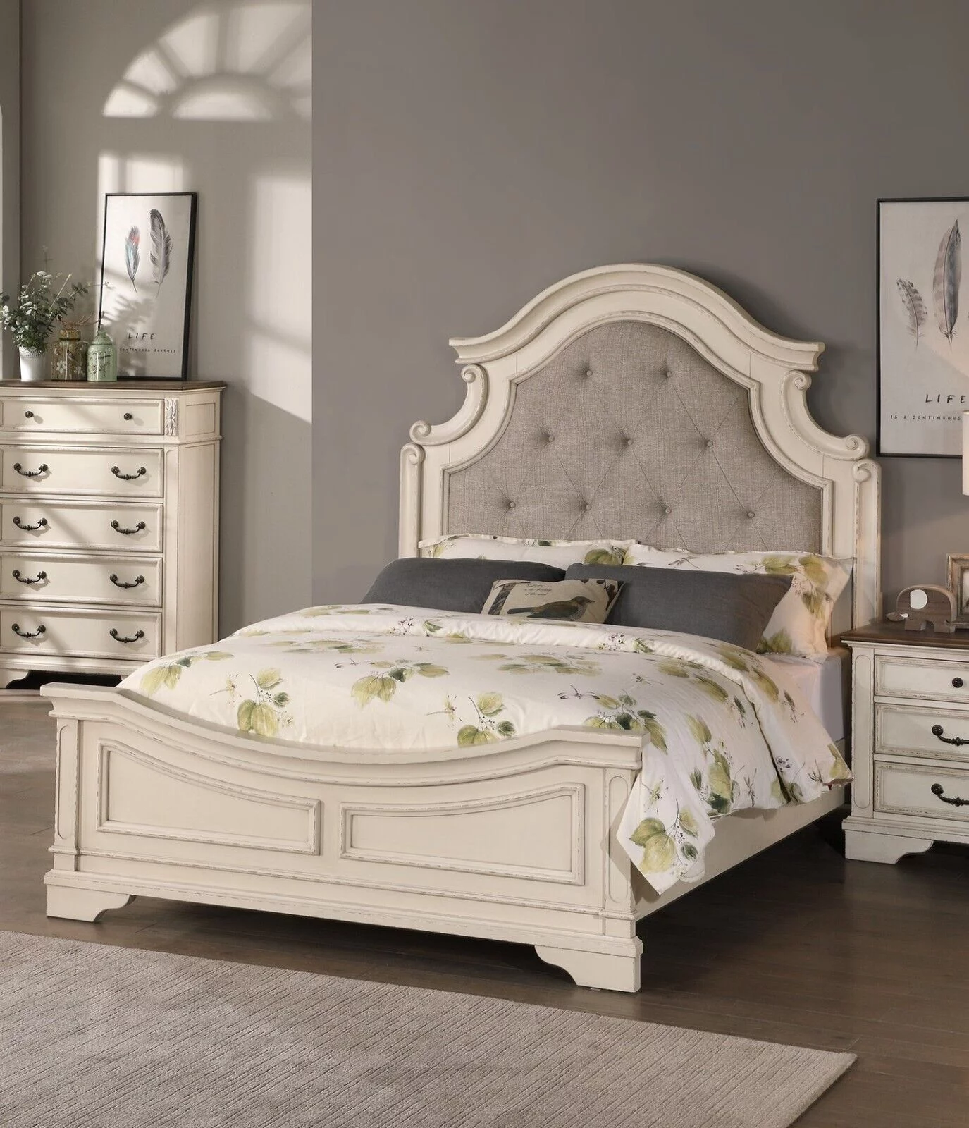 Queen Size Bed Traditional Look 1pc Bedframe Tufted Headboard Unique Design FB Creamy Finish Bedroom Wooden
