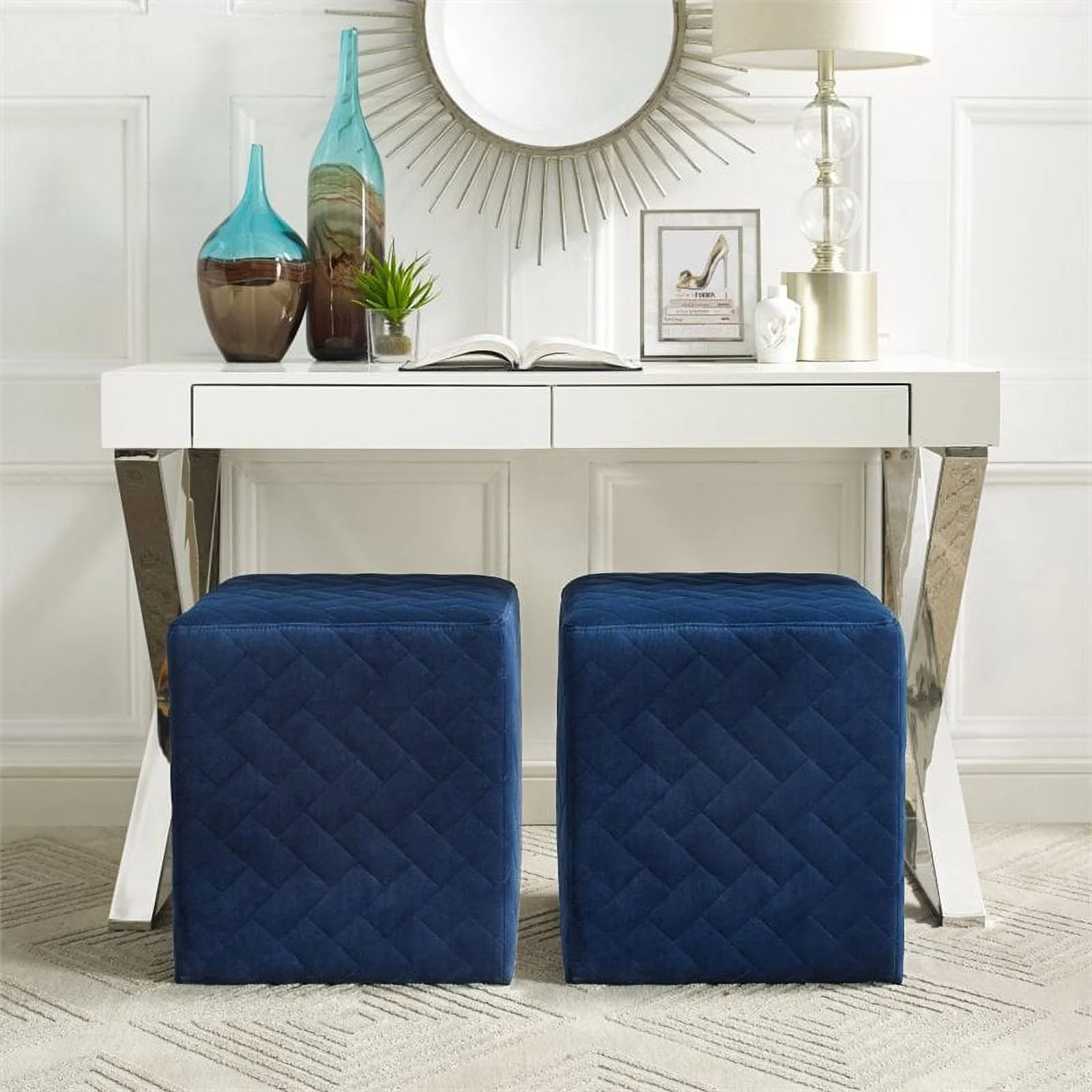 Posh Living Micah Modern Quilted Velvet Upholstered Cube Ottoman in Blue
