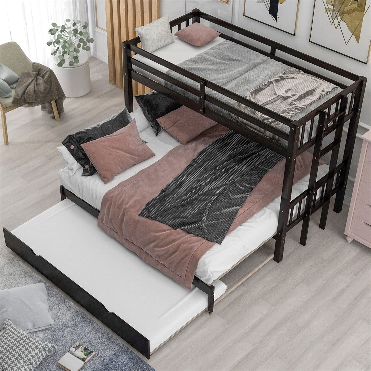 MERAX Twin over Twin/Full Bunk Bed, Pull-out Bunk Bed with Trundle Espresso