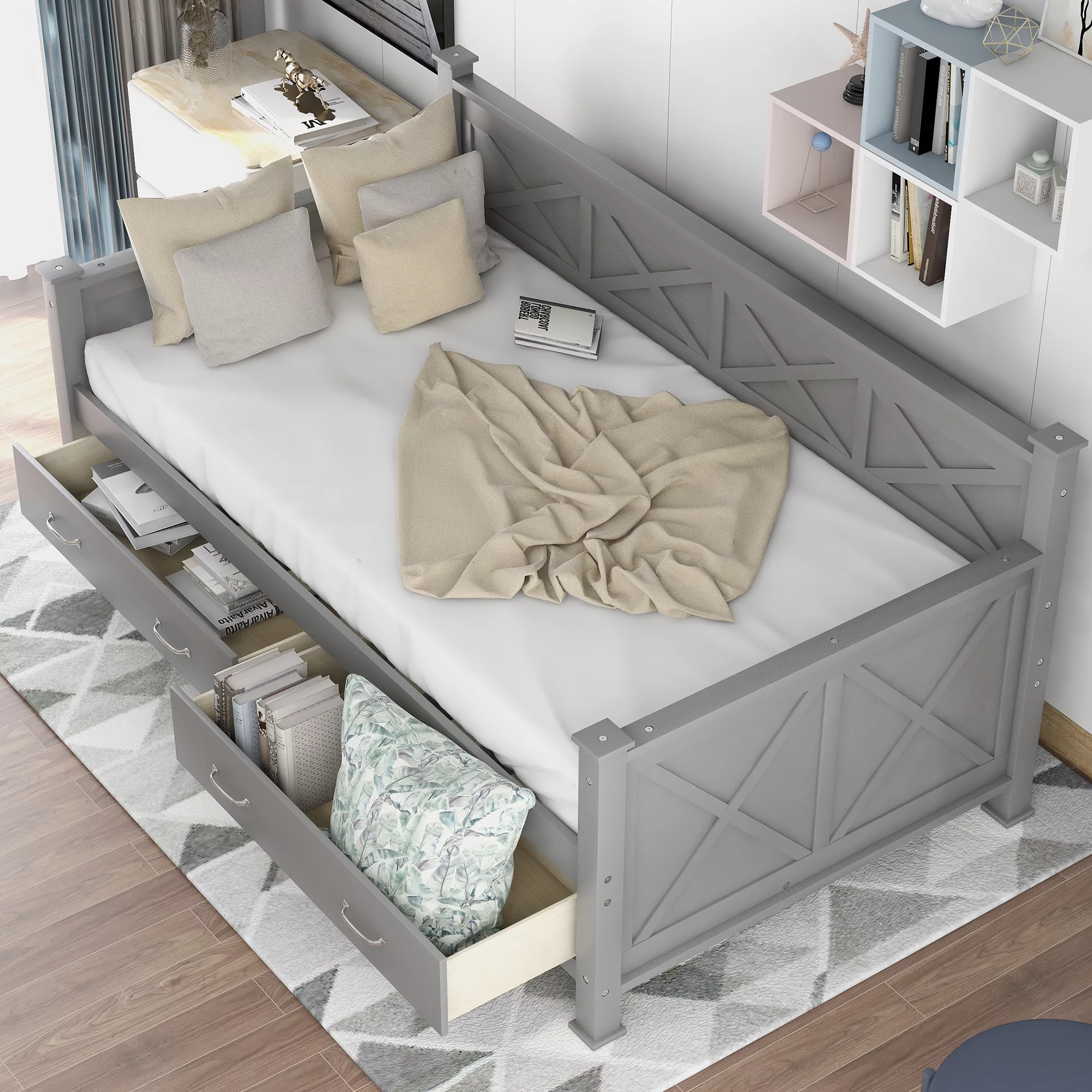 Euroco Twin Size Dayed with 2 Storage Drawers for Bedroom, Low Profile Platform Bed, Gray