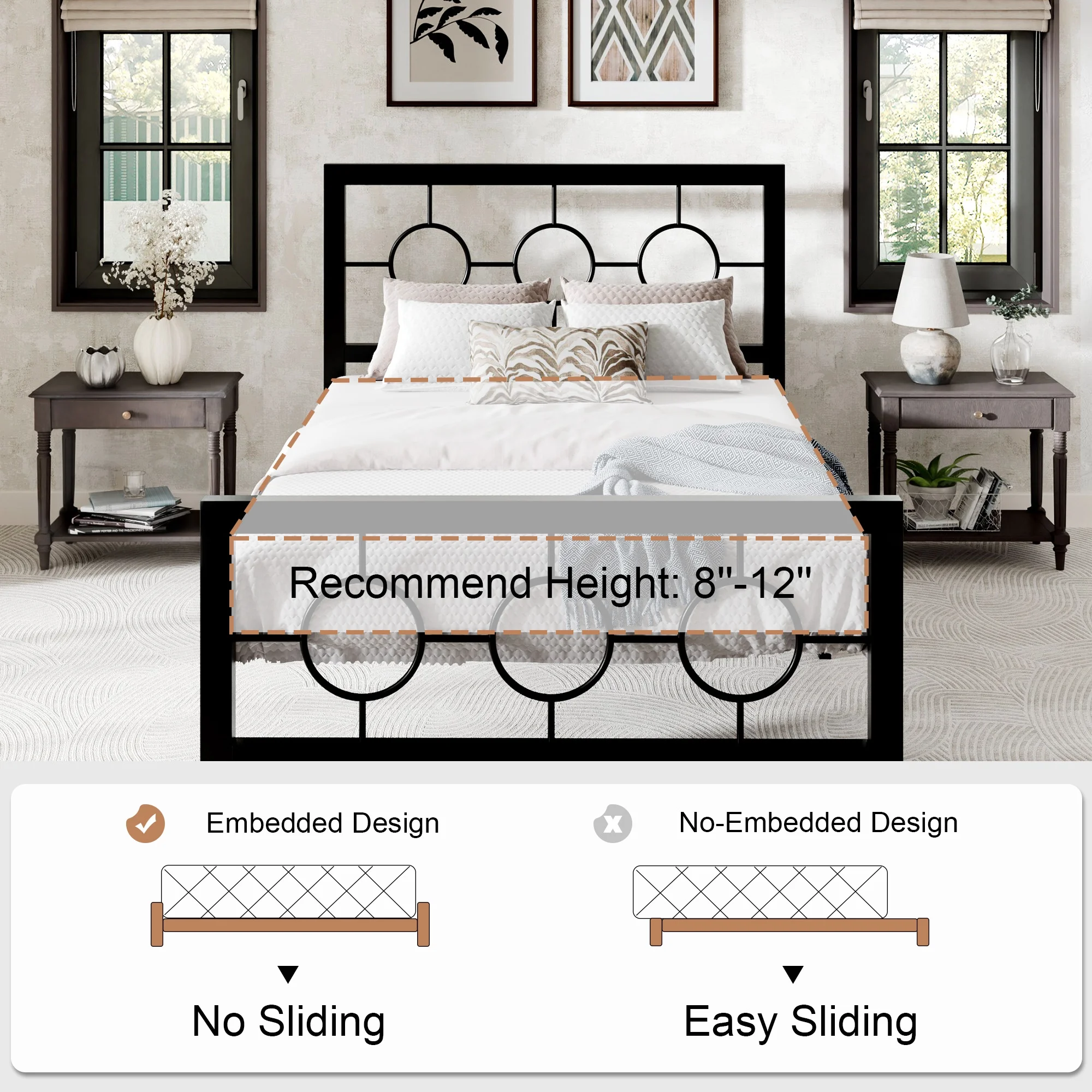 Amolife Black Twin Size Metal Platform Bed Frame with Circular Vintage Headboard & Footboard