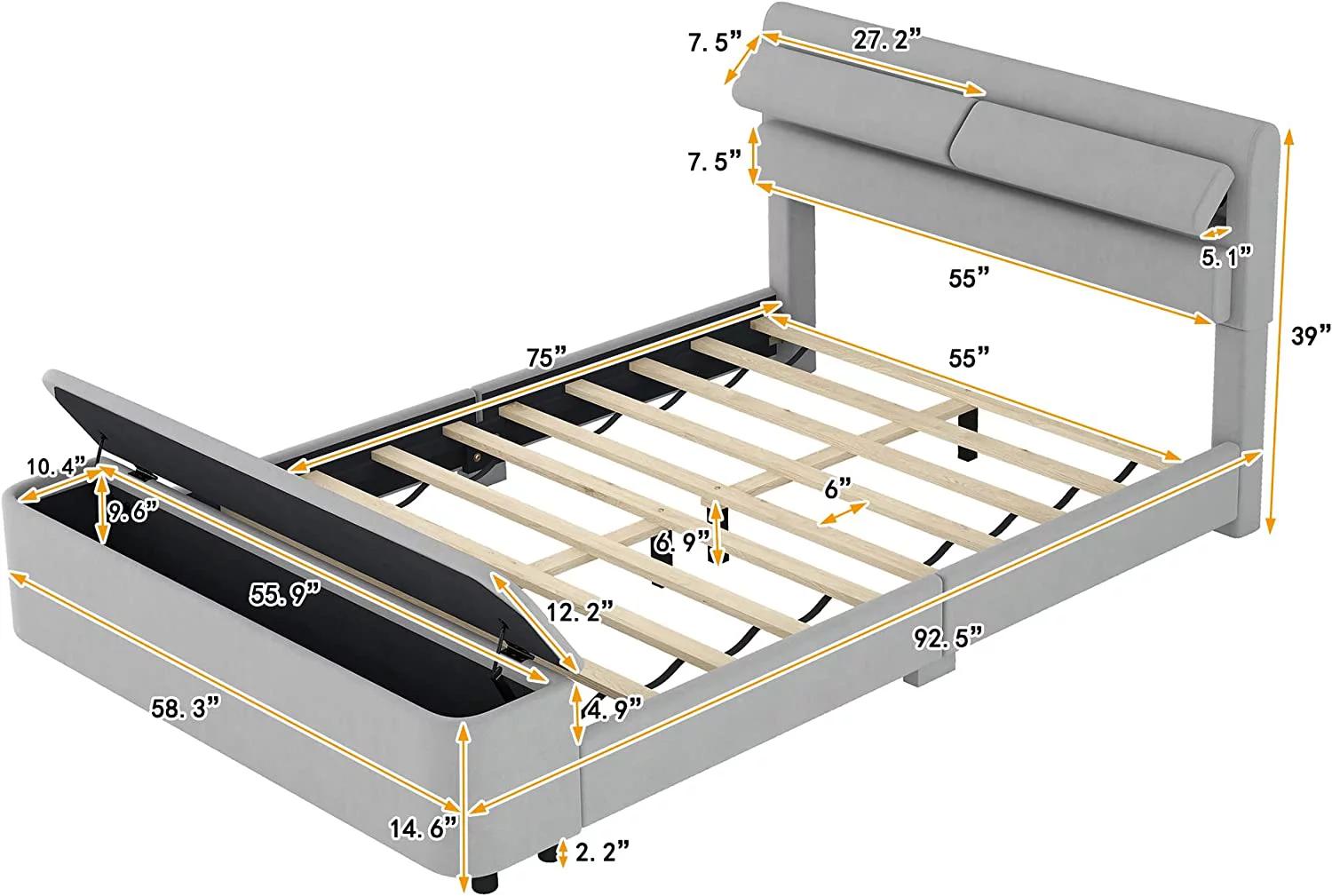 Full Size Upholstery Platform Bed with Storage Space in Headboard and Footboard, Modern Wood Bed Frame with Velvet Finish for Bedroom, Classic & Elegant, No Box Spring Needed, Grey (Full)