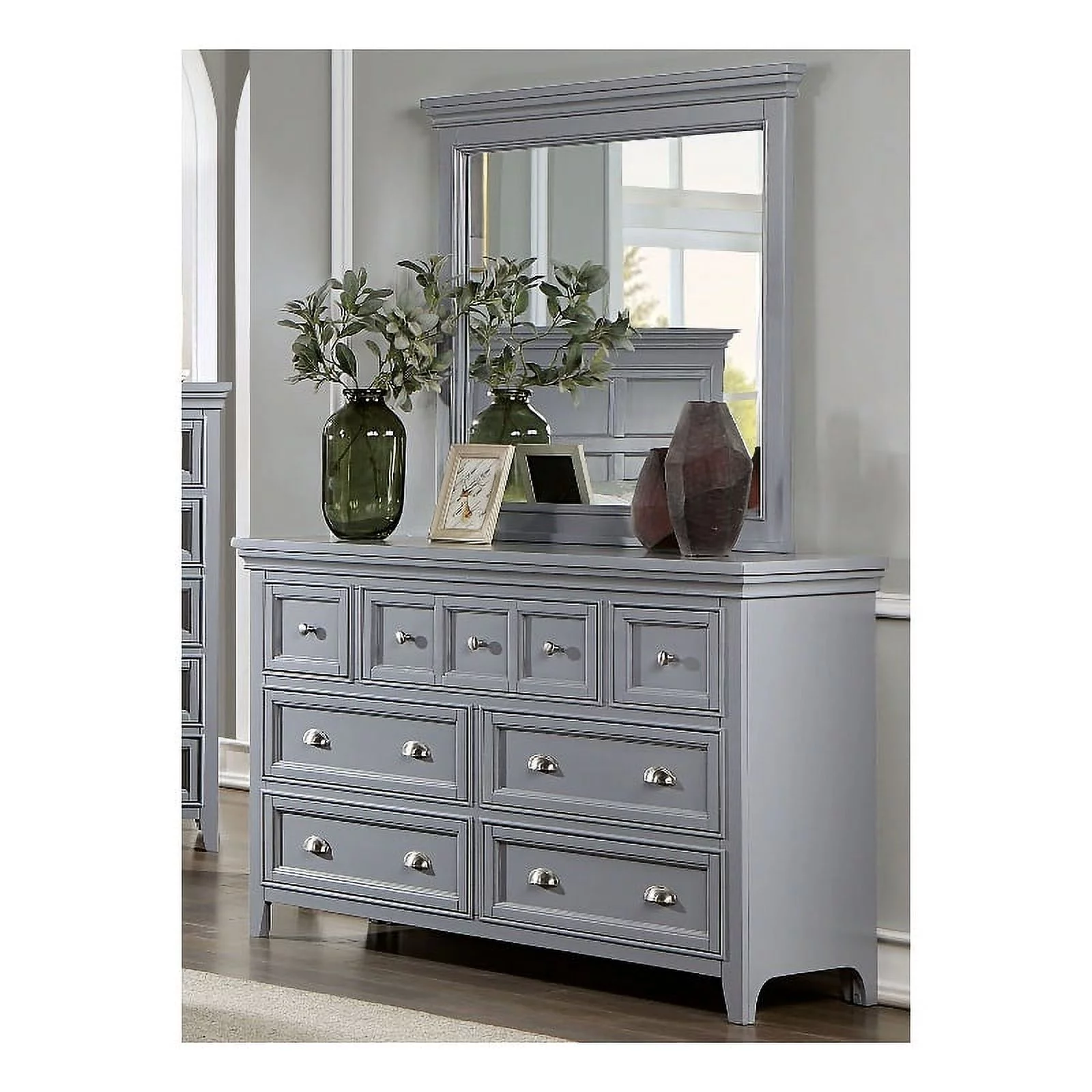 Furniture of America Ender Wood 7-Drawer Gray Dresser with Mirror and Care Kit