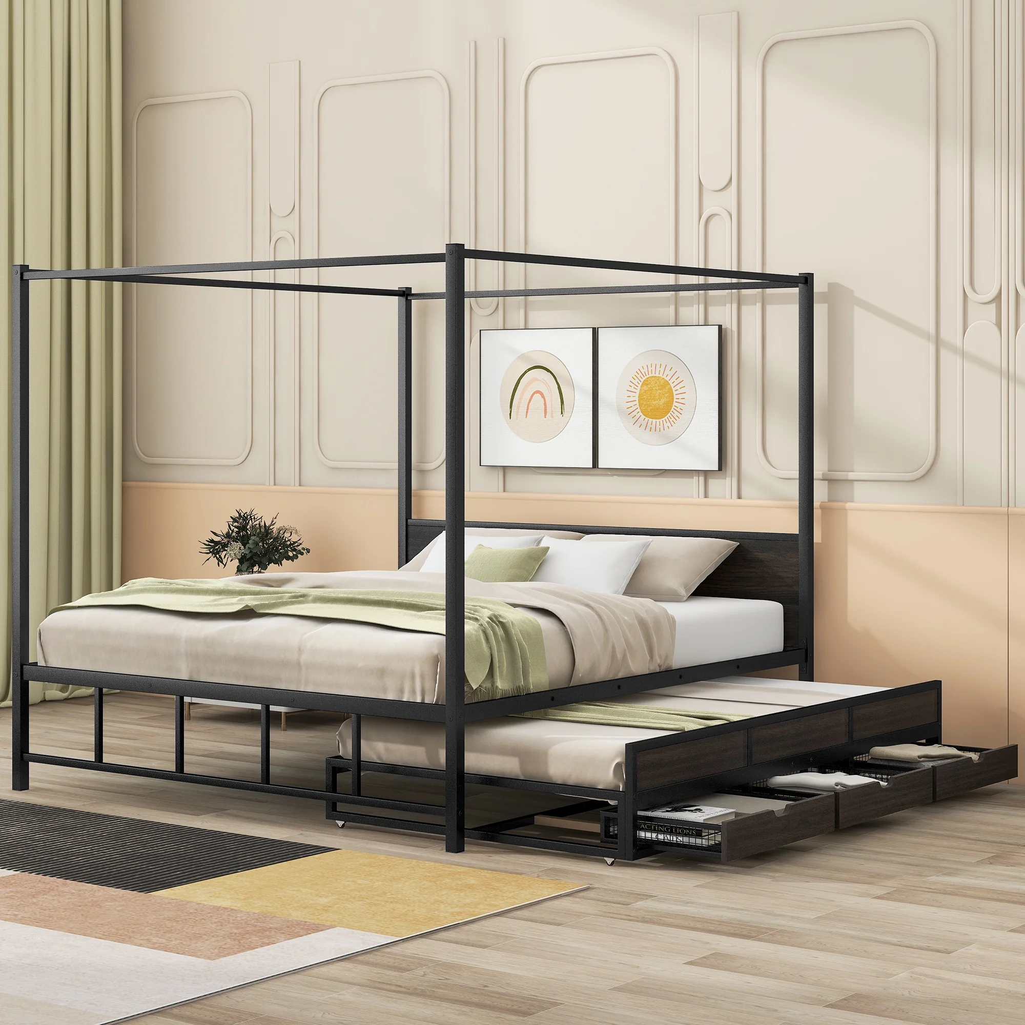 CoSoTower Queen Size Metal Canopy Platform Bed with Twin Size Trundle and 3 Storage Drawers, Black