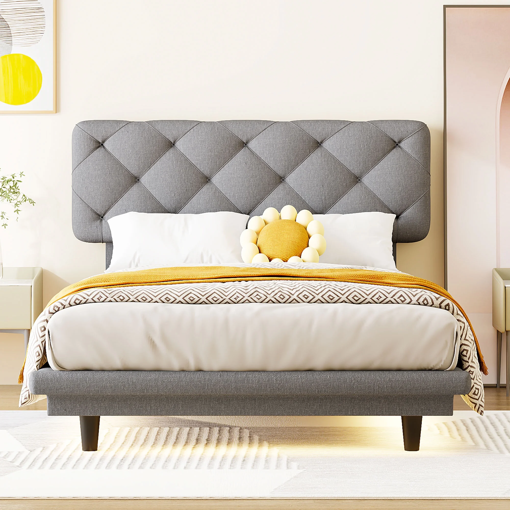 CoSoTower Twin Size Upholstered Bed with Light Stripe, Floating Platform Bed, Linen Fabric,Gray