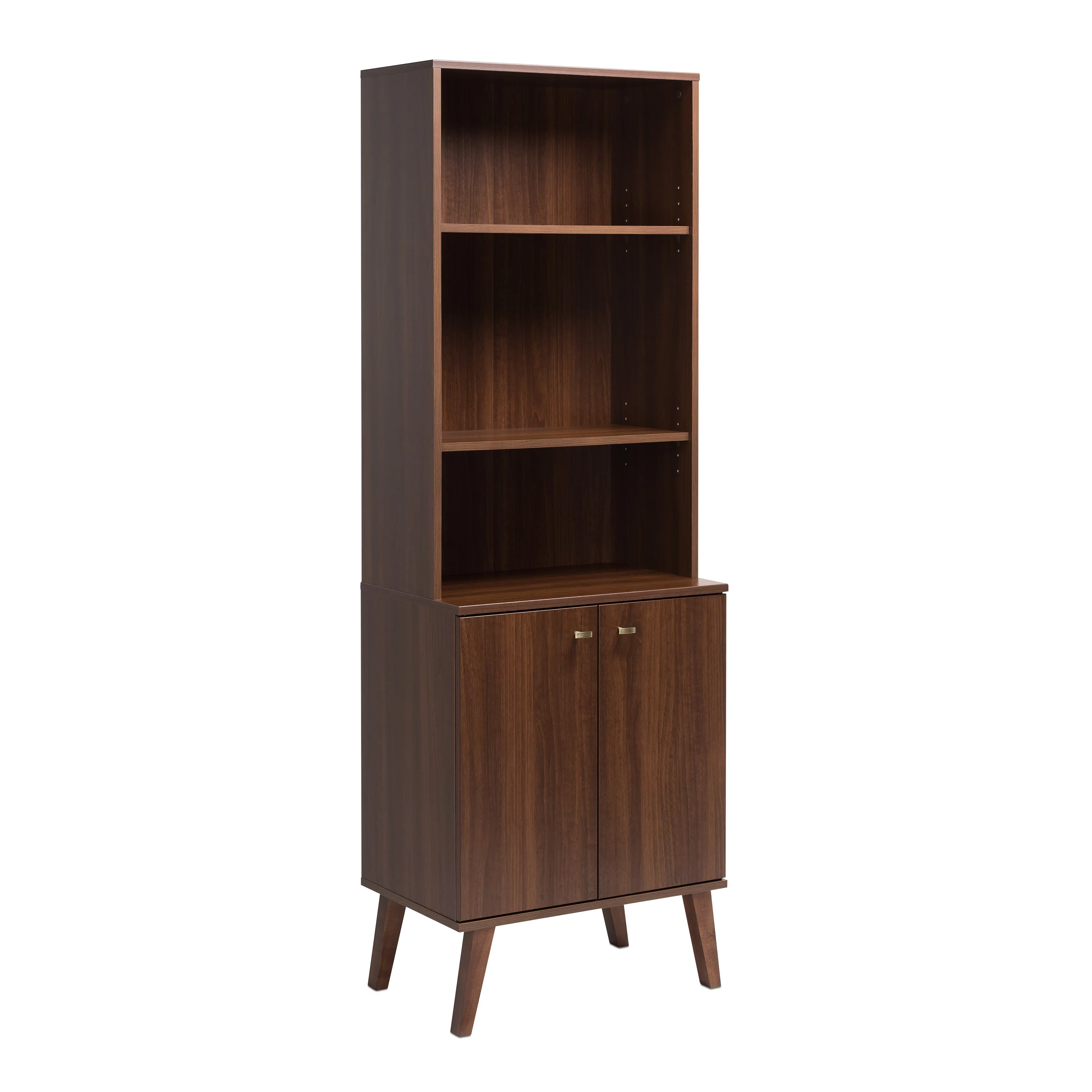 Prepac Milo Mid-Century Modern Tall Bookcase with Adjustable Shelves, Two Doors, and Brushed Brass-Finished Knobs, Cherry