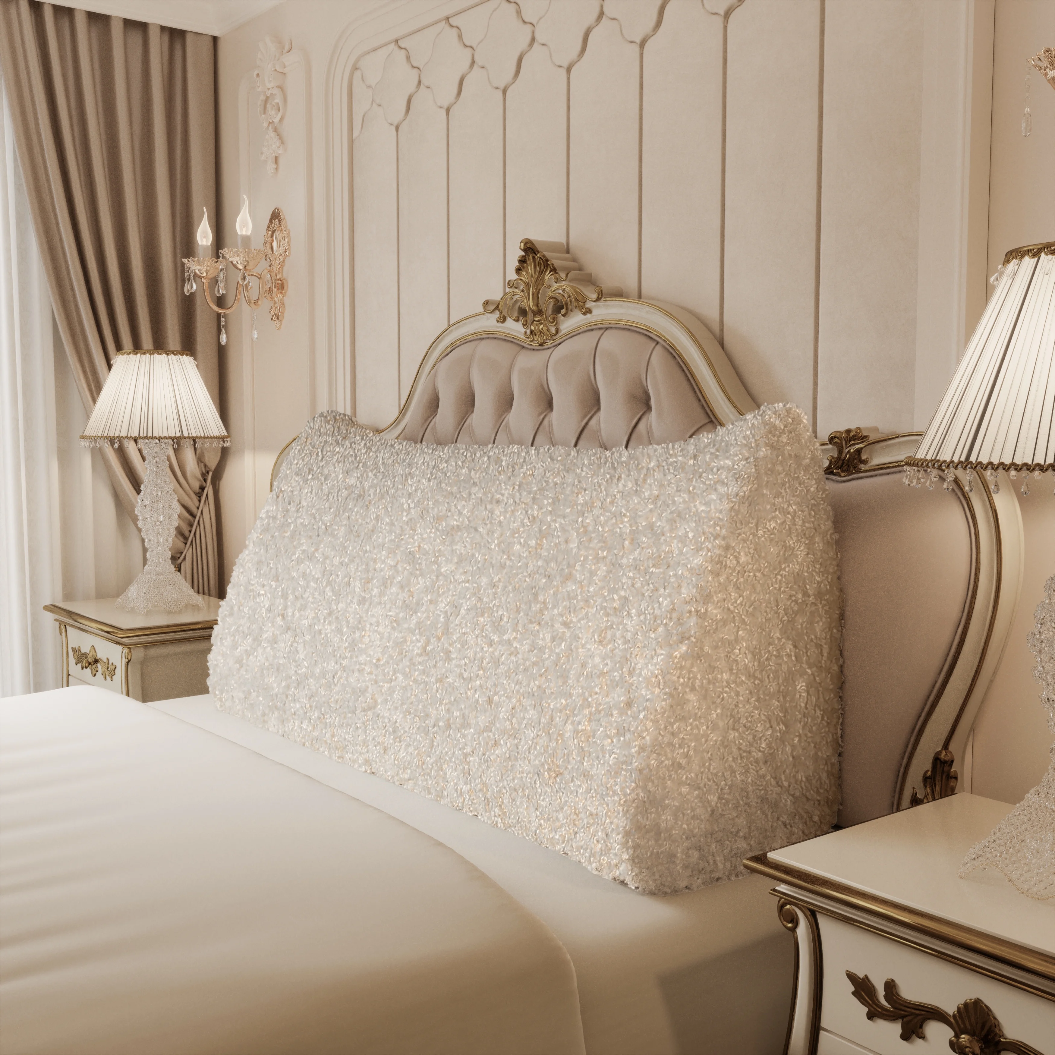 Johnear Headboard Wedge Pillow White Curly Plush Large Triangle Reading Pillow for Sitting up in Bed Daybed Bolster Pillow Backrest Support Full Size Cushion