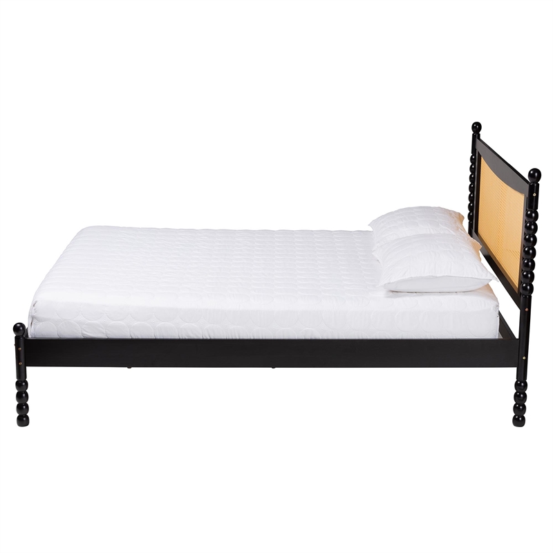 Baxton Studio Okena Black Wood Queen Size Platform Bed with Woven Rattan