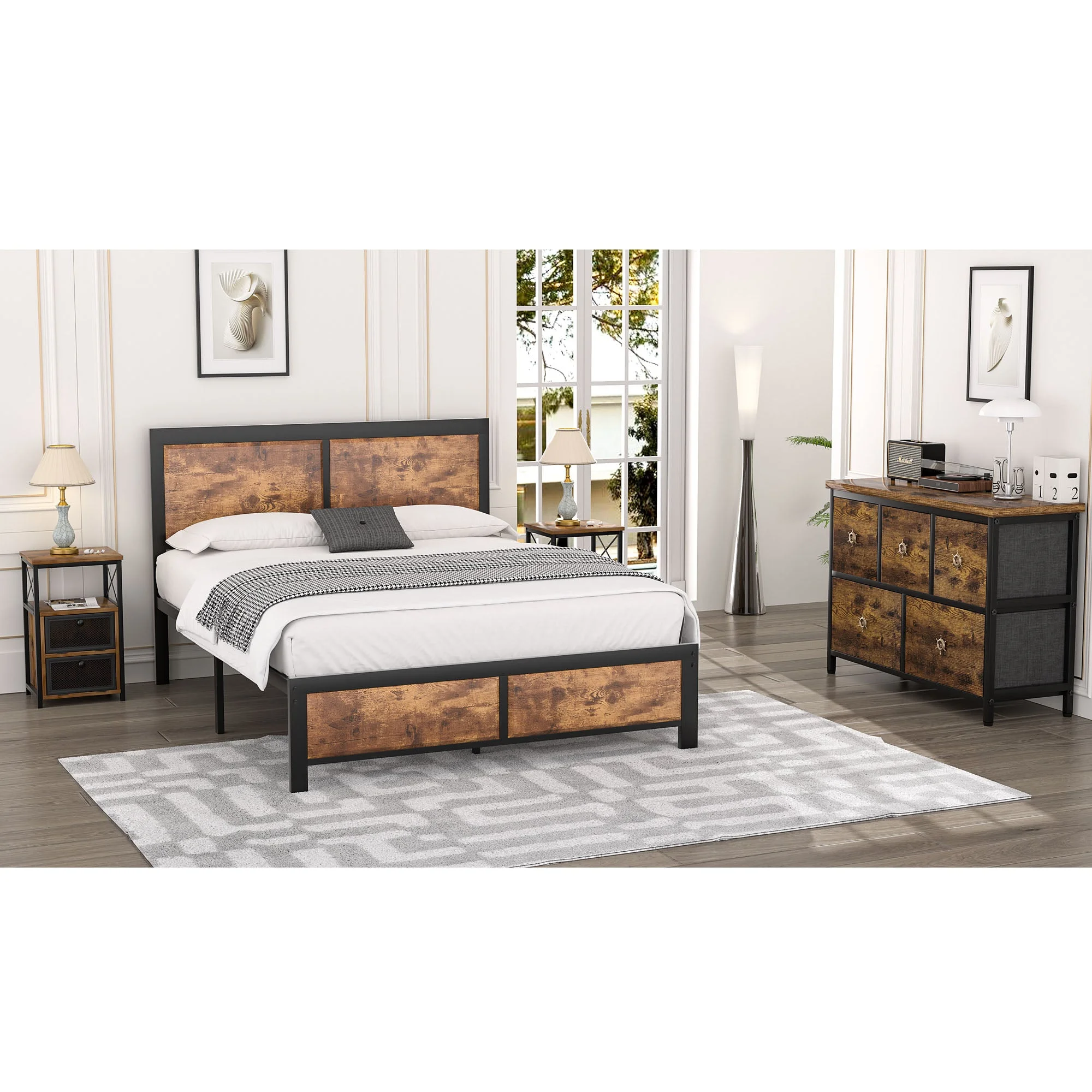 VECELO 4-Piece Full Size Bedroom Set with Bed Frame & 5-Drawer Dresser & Two Nightstands, Brown