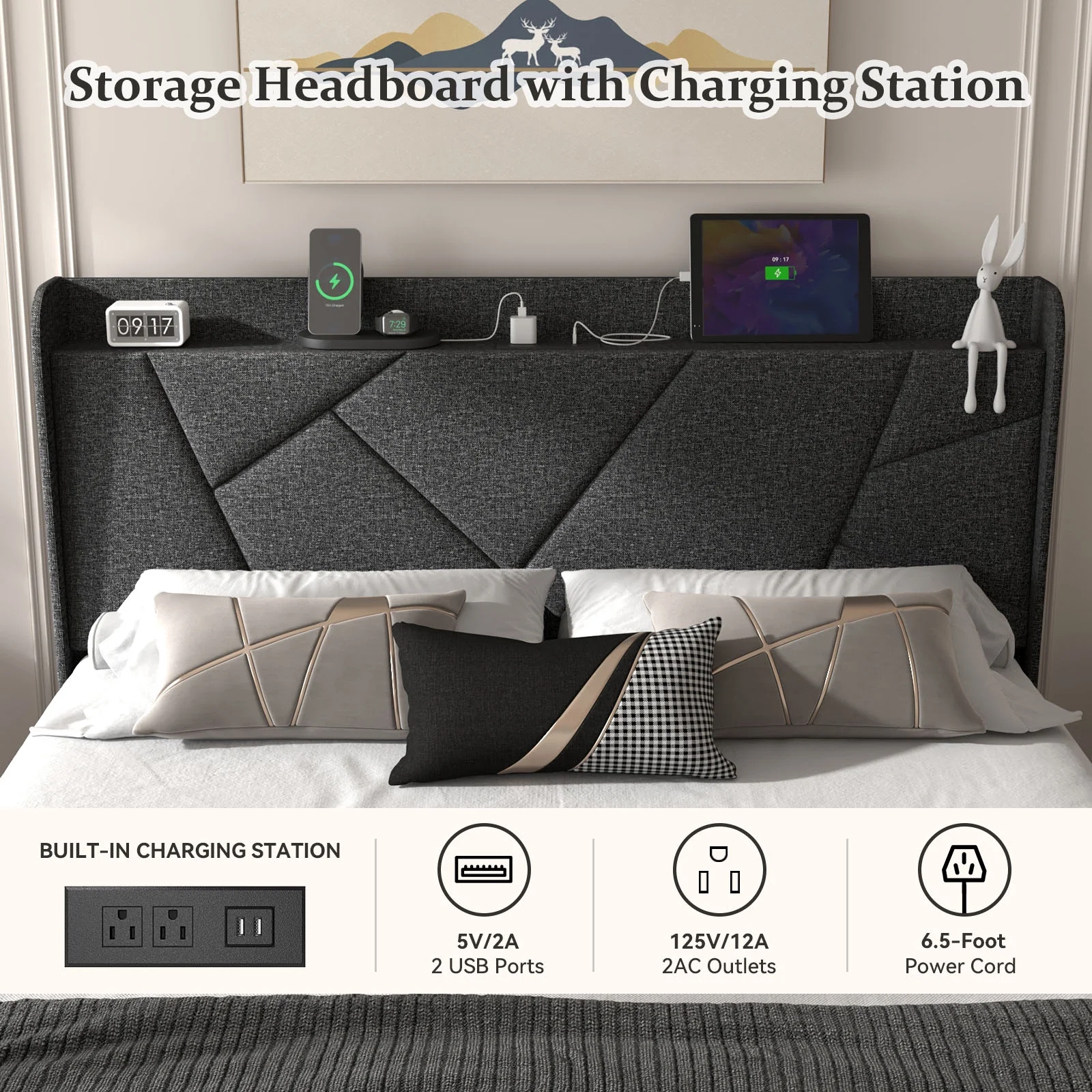 NISIEN Queen Bed Frame with Charging Station, Upholstered Platform Bed Frame with Wingback Storage Headboard, No Box Spring Needed, Dark Grey