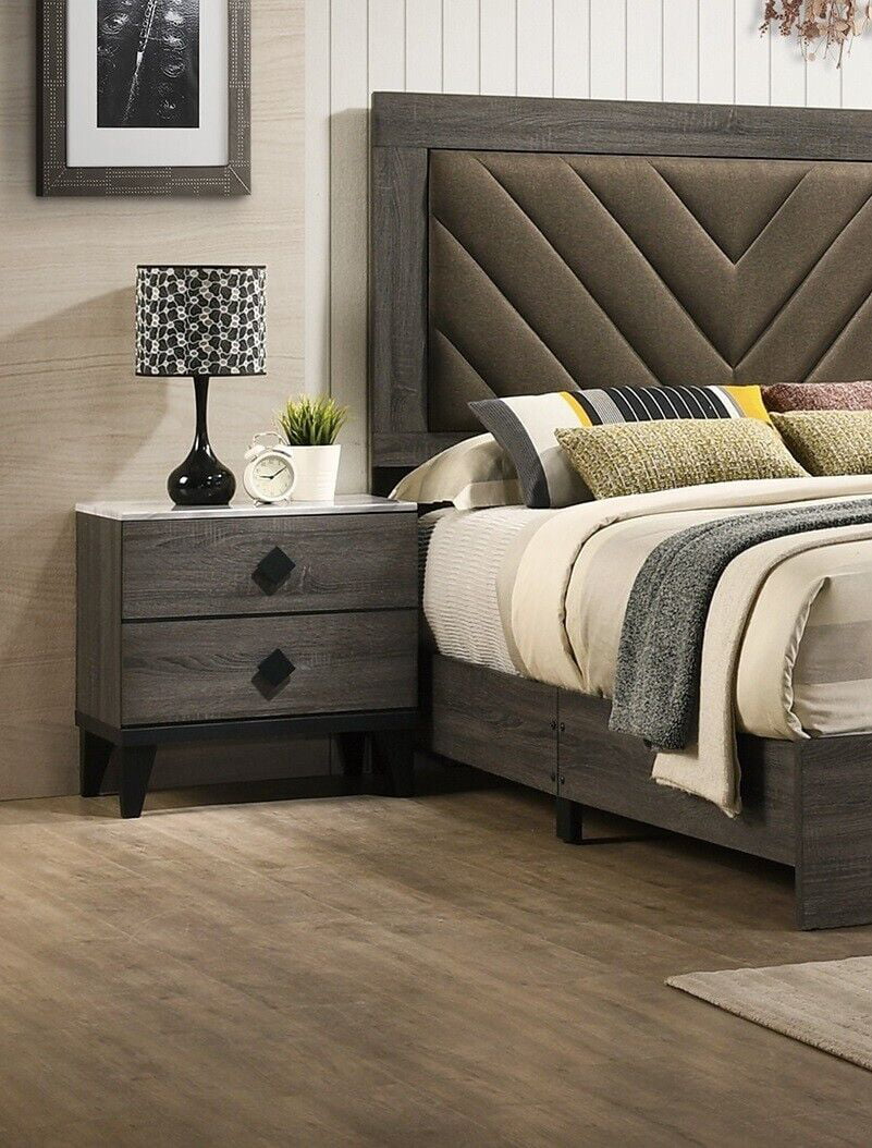 Eastern King Size Bed And 2x Nightstands Gray Finish Transitional Wooden Bedroom Tufted Headboard Bedframe 3pc Furniture Set