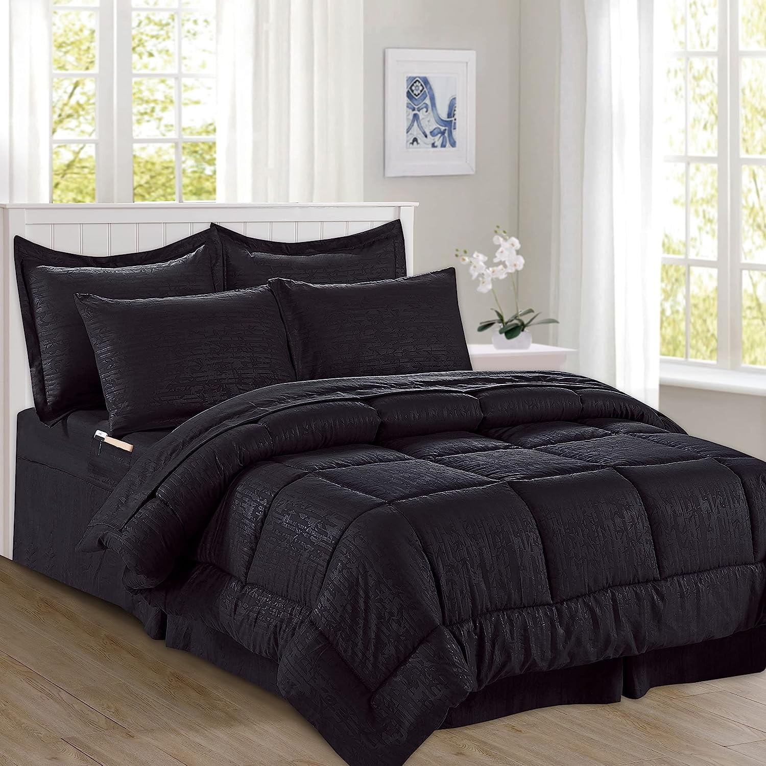 Mocassi Comforter Set, 8-Piece Bamboo Down Alternative, Soft & Plush Bedding Set Perfect for Any Bed Room, Full/Queen Size, Black
